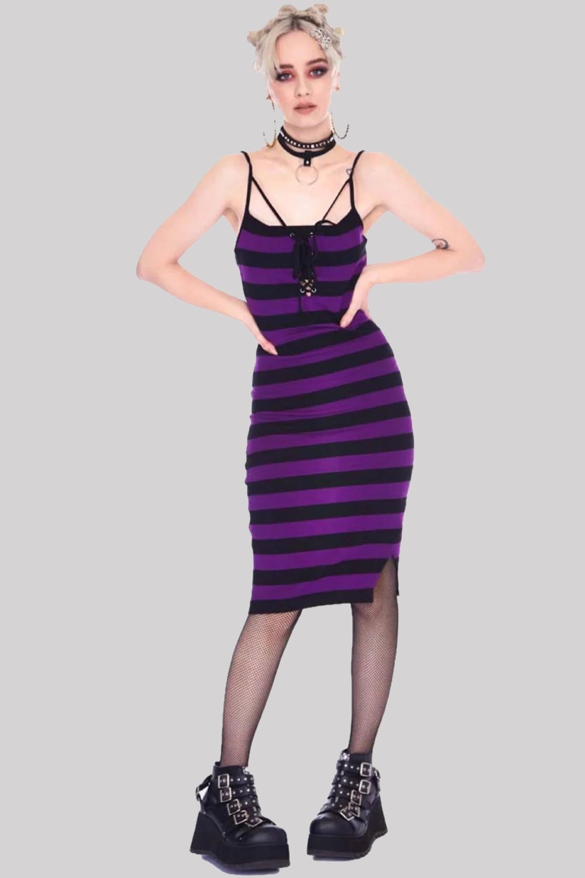 Jawbreaker Purple Stripe Bodycon Strappy Dress Grunge Gothic