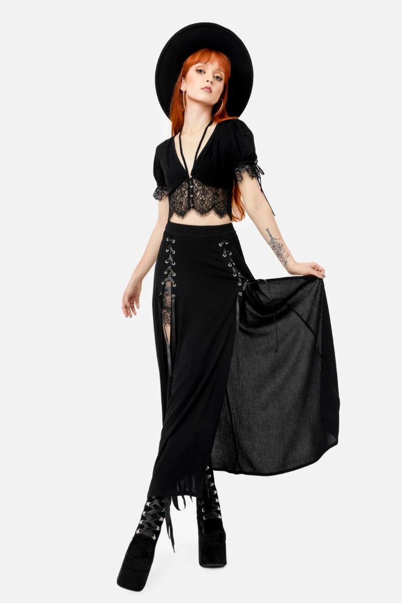 Restyle Lichen Lace Top Gothic Puff Sleeve Sheer Crop Blouse