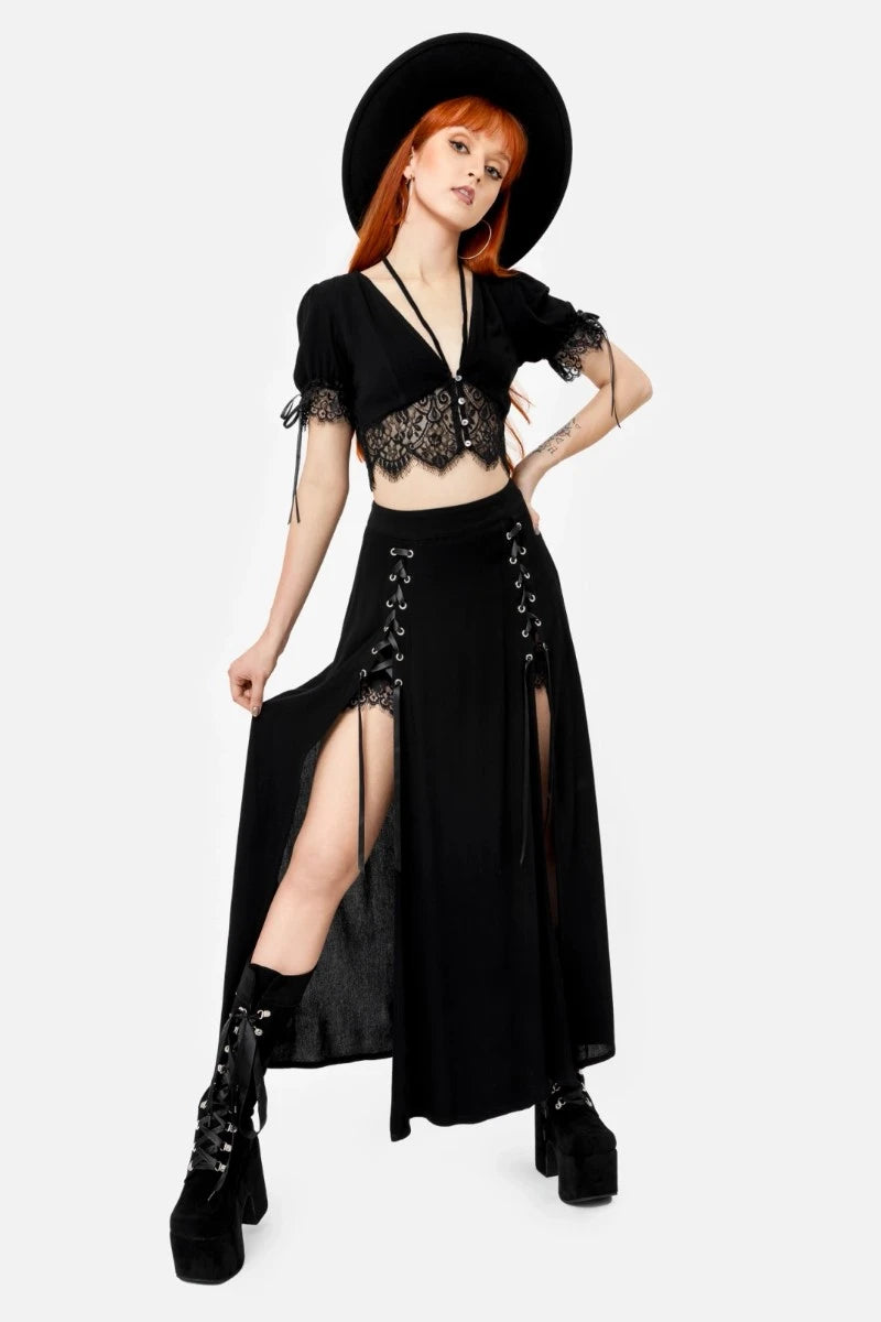 Restyle Lichen Lace Top Gothic Puff Sleeve Sheer Crop Blouse
