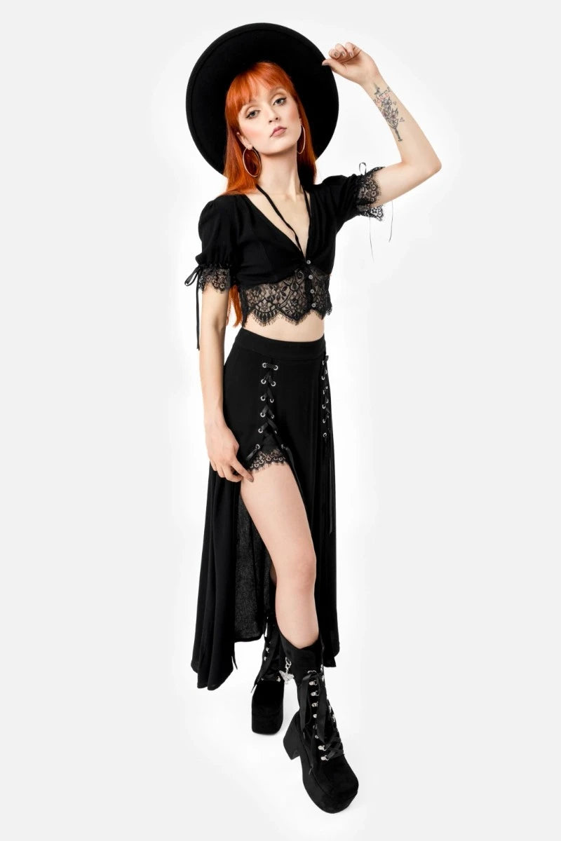 Restyle Lichen Lace Top Gothic Puff Sleeve Sheer Crop Blouse