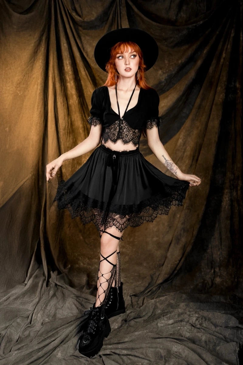 Restyle Lichen Lace Top Gothic Puff Sleeve Sheer Crop Blouse