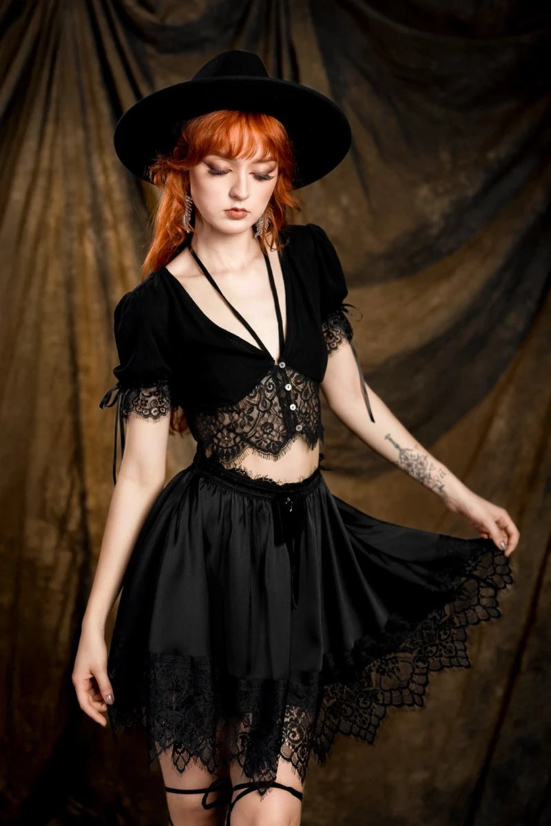 Restyle Lichen Lace Top Gothic Puff Sleeve Sheer Crop Blouse