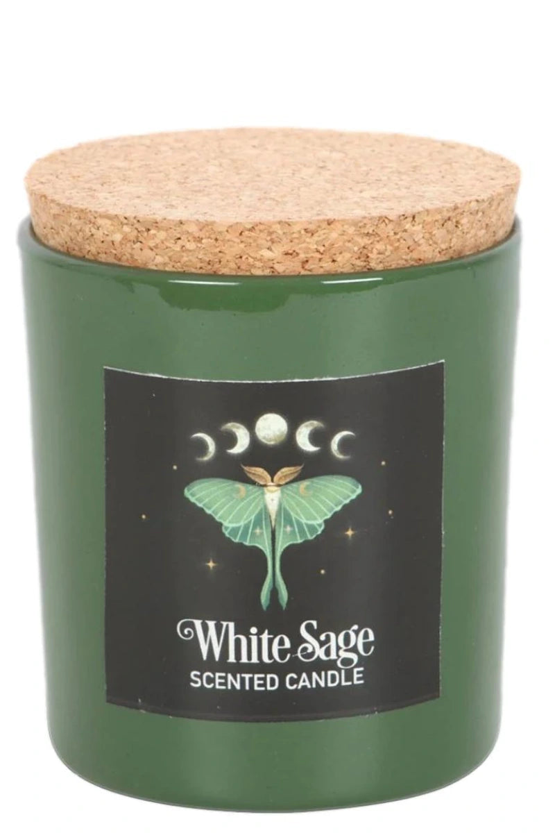 Luna Moth White Sage Candle Green Jar, Cork Lid, Moon Phases