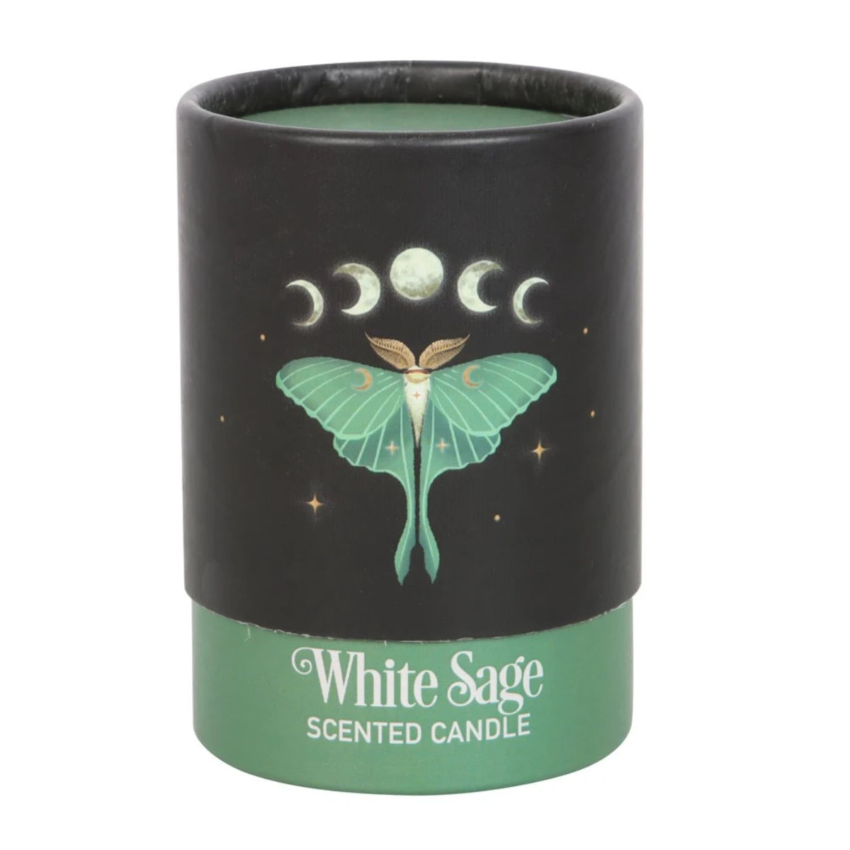 Luna Moth White Sage Candle Green Jar, Cork Lid, Moon Phases