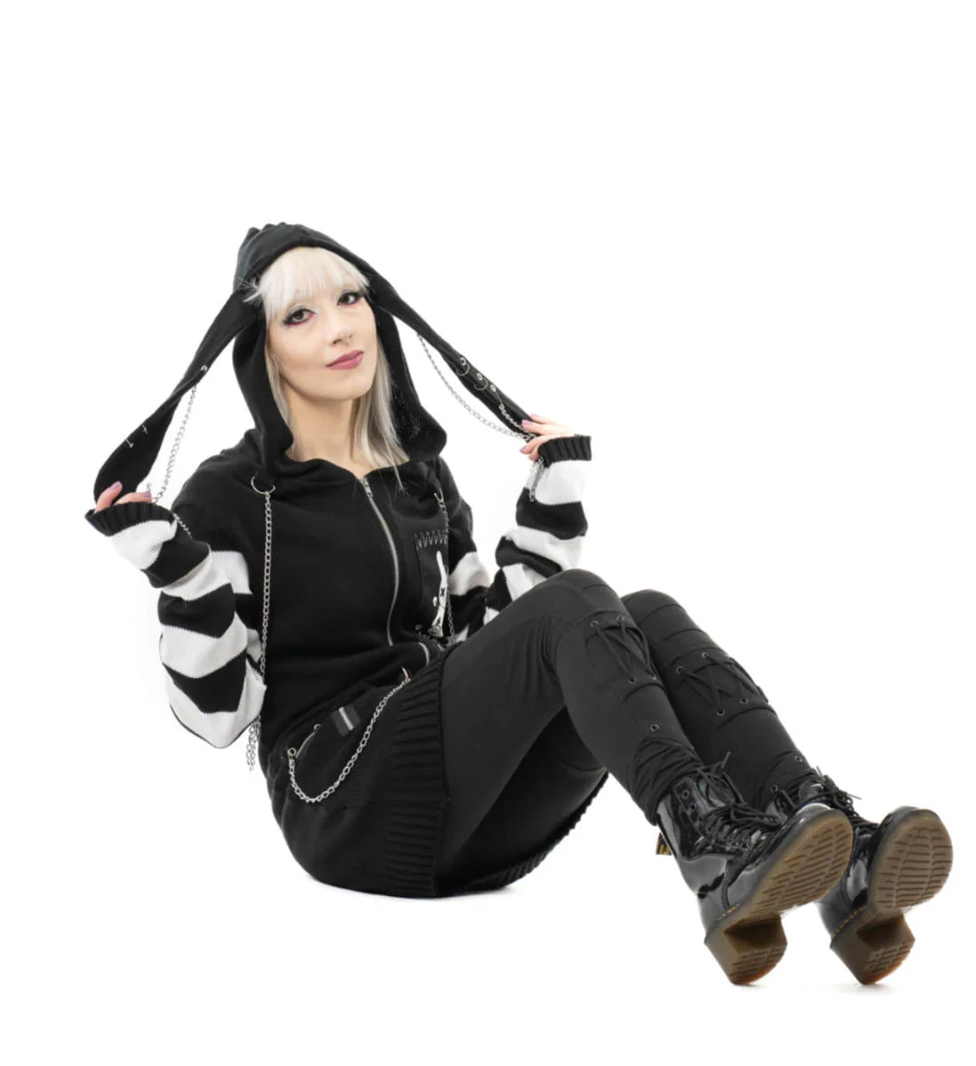 Voodoo Bunny Cardigan - Striped Gothic Hooded Chain Sweater