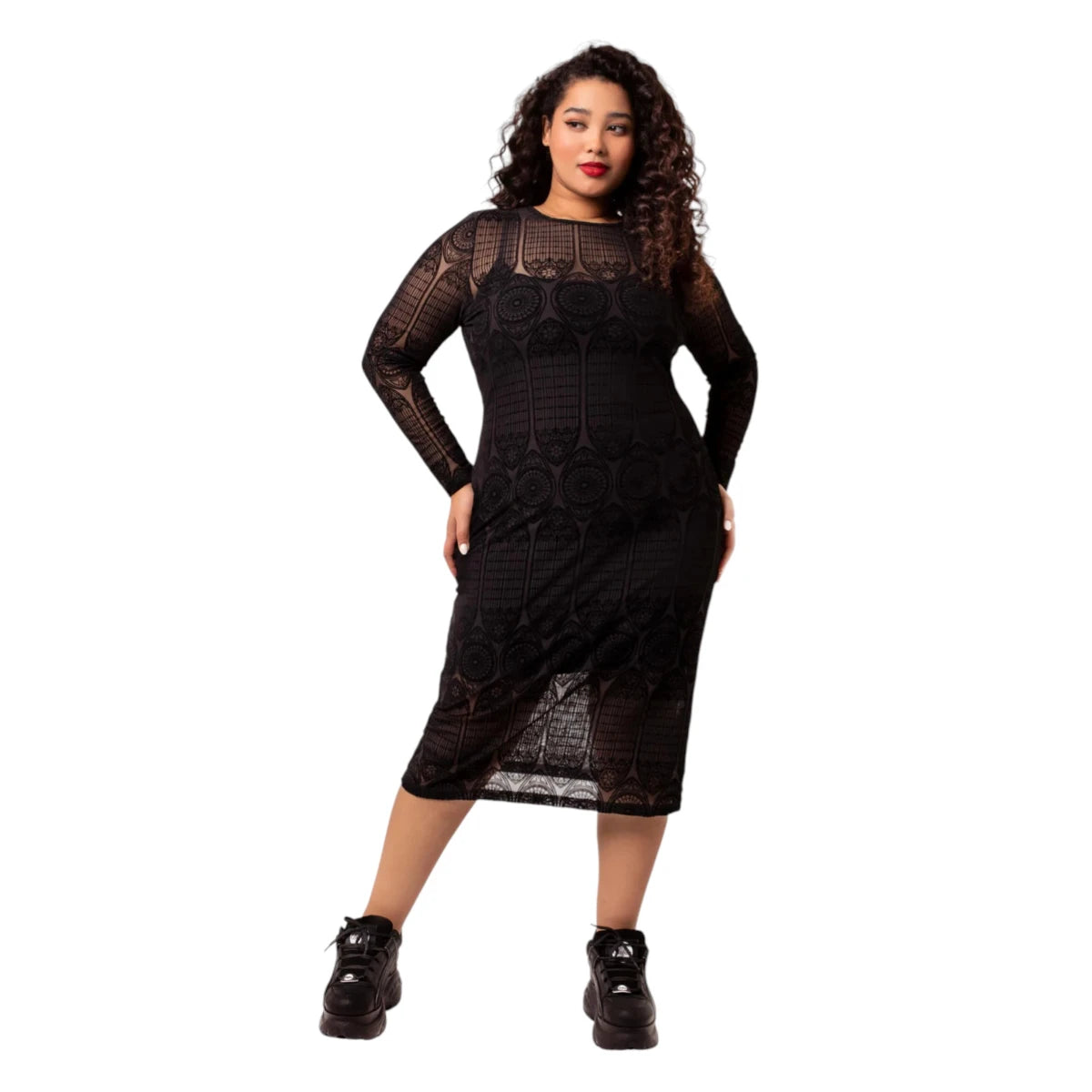 Hell Bunny Mea Culpa Dress Gothic Velvet Flock Mesh Midi Style