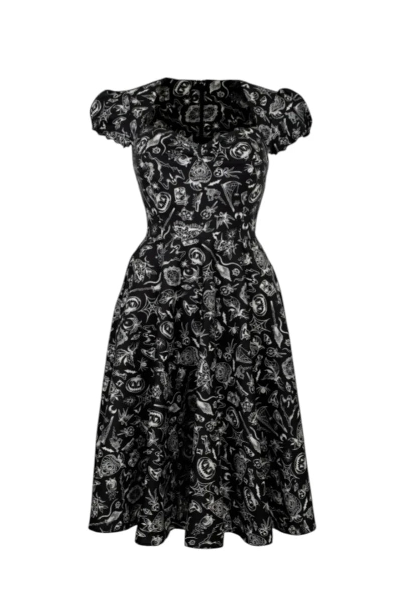 Hell Bunny Mischief Dress - Midi Gothic Black Print Skater