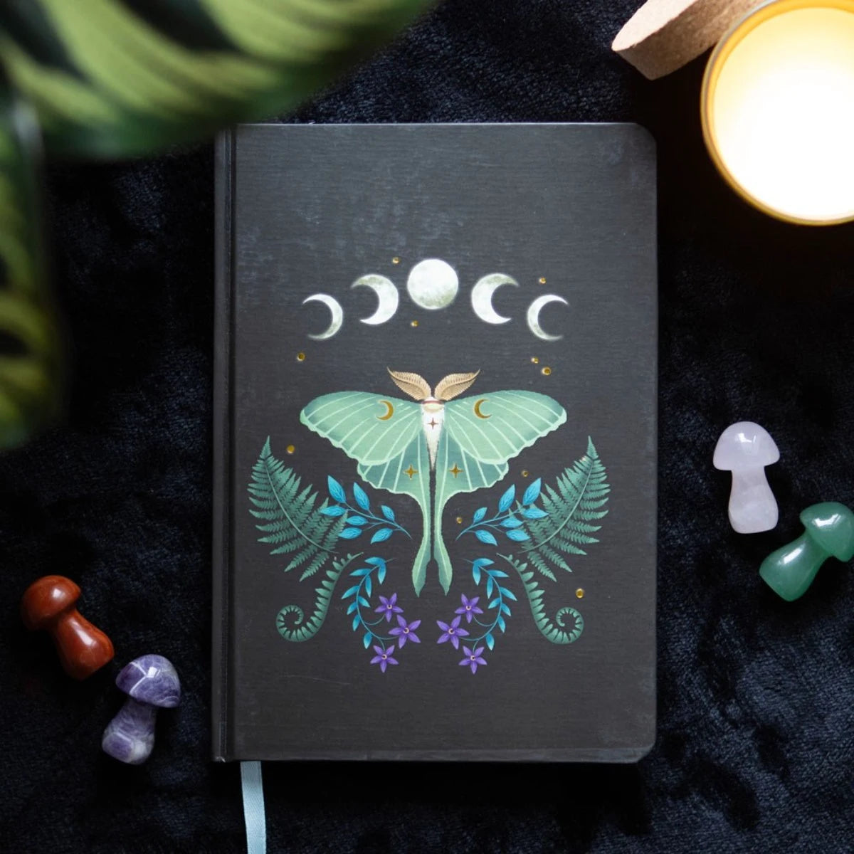 Enchanting A5 Notebook - Dark Forest Cover With Mystical Mushrooms & Glowing Luna Moth, Gold Foil Edges