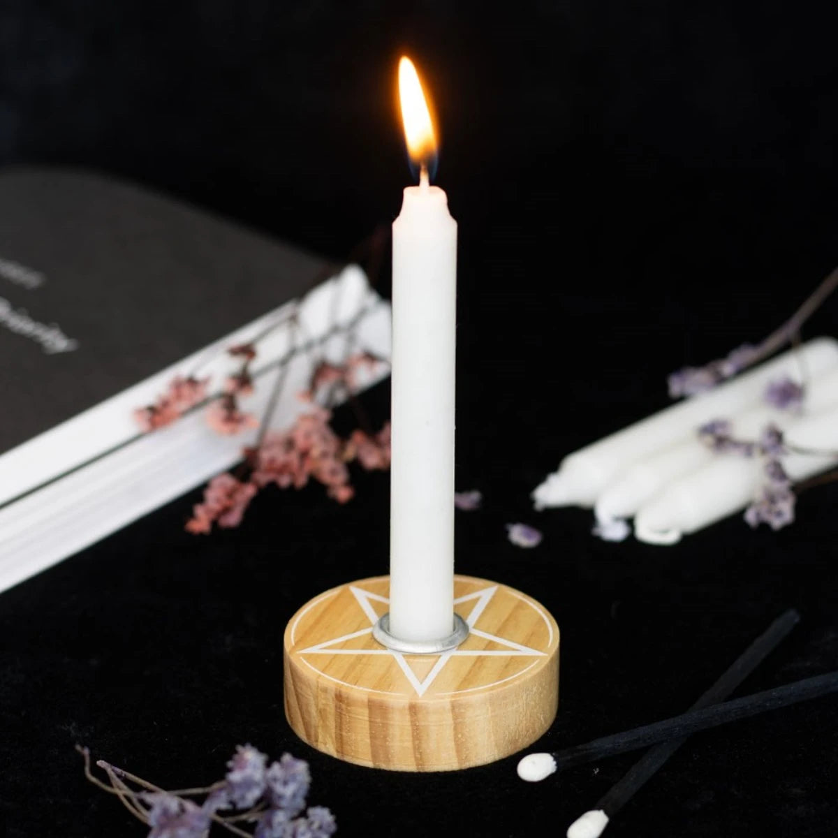 Natural Wooden Candle Holder – Spell Pentagram, Altar Decor