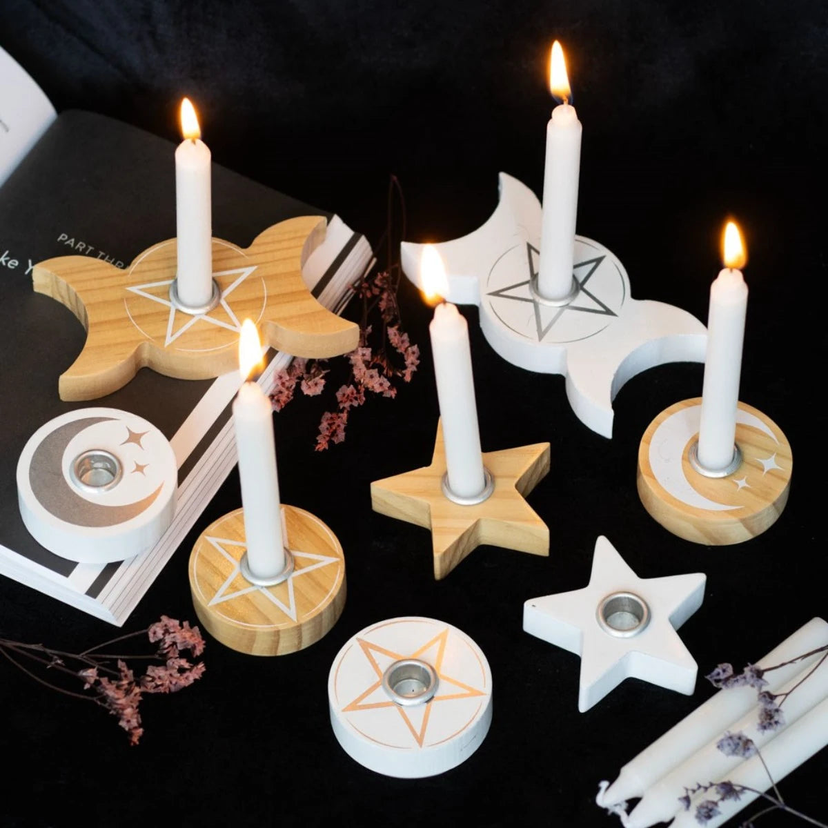 Natural Wooden Candle Holder – Spell Pentagram, Altar Decor