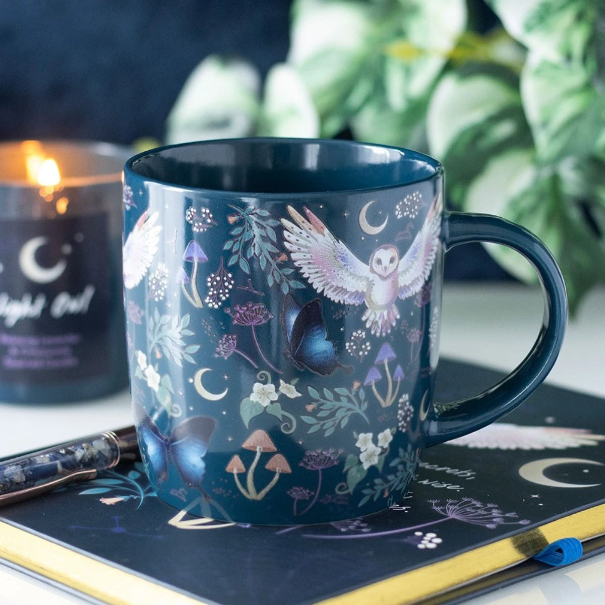 Night Flight Ceramic Mug - All-Over Owl and Forest Print