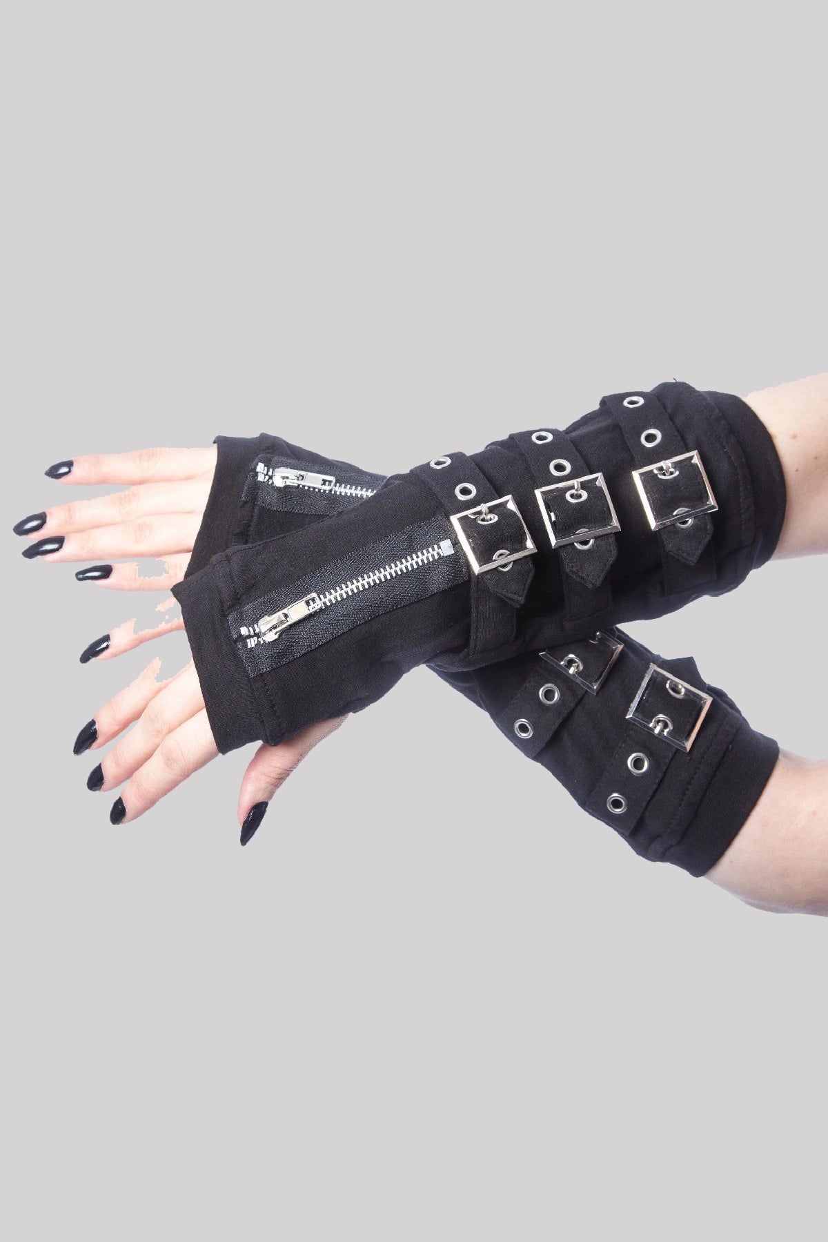Poizen Industries Omega Goth Punk Buckle Arm Warmers Gloves