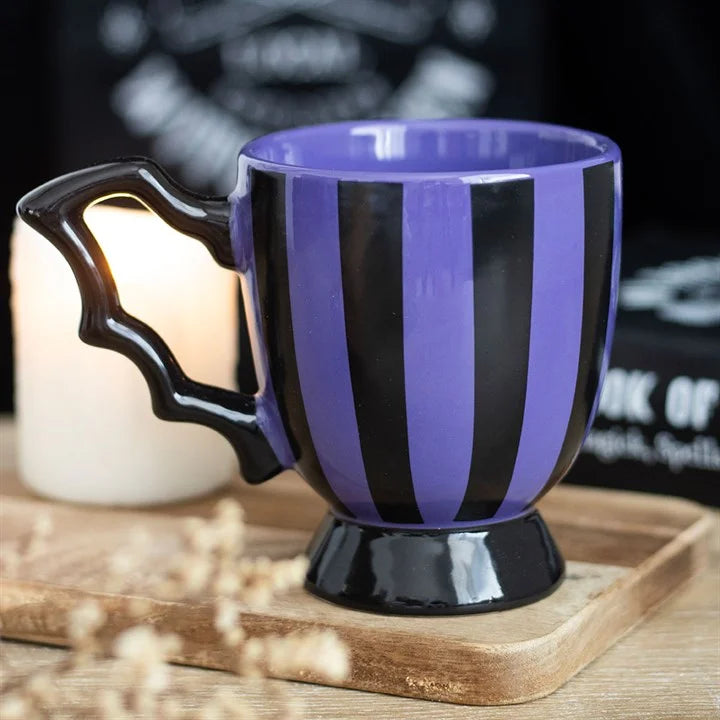 Purple Striped Mug with Bat Wing Handle – 490ml Gothic Cup
