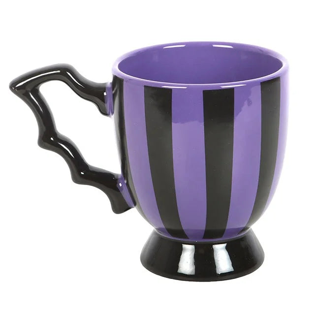 Purple Striped Mug with Bat Wing Handle – 490ml Gothic Cup