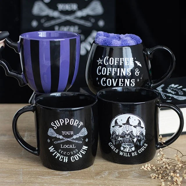 Purple Striped Mug with Bat Wing Handle – 490ml Gothic Cup