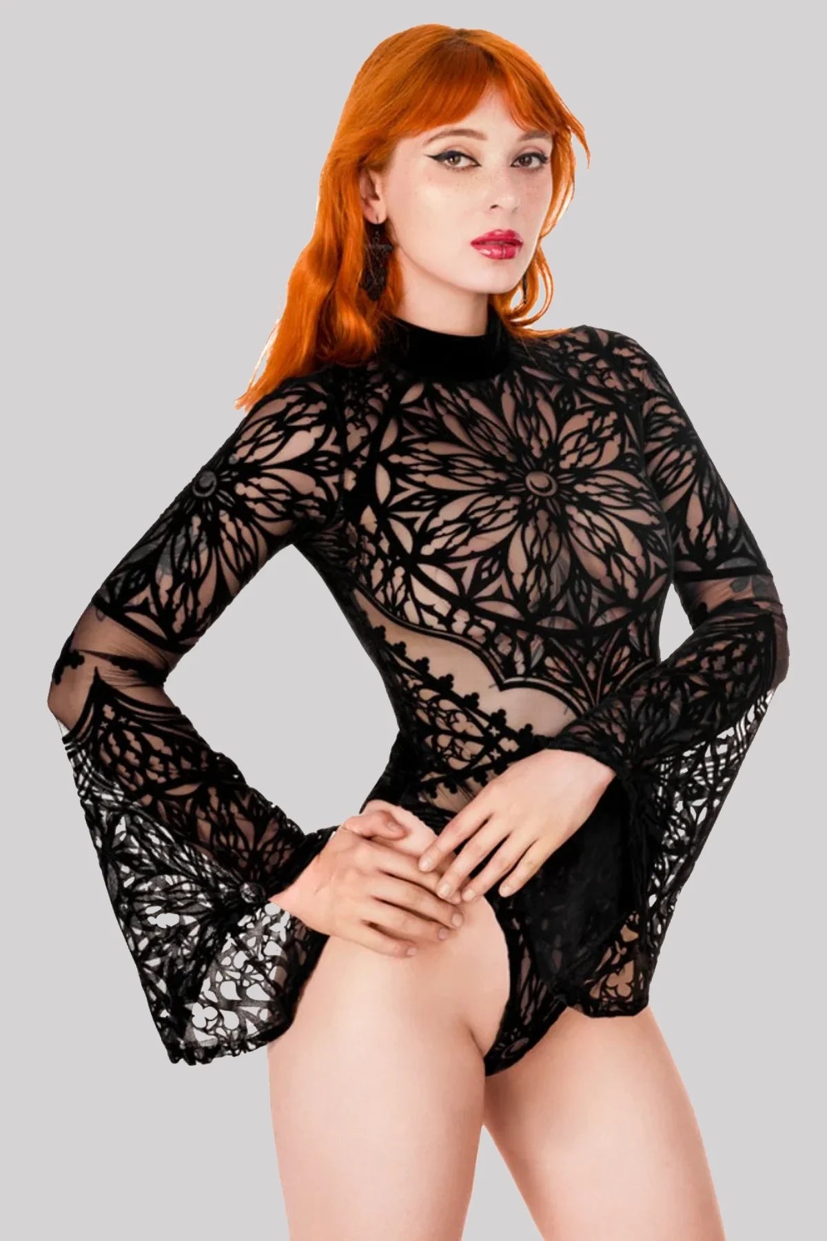 Restyle Gothic Rosarium Cathedral Rose Mesh Velvet Bodysuit