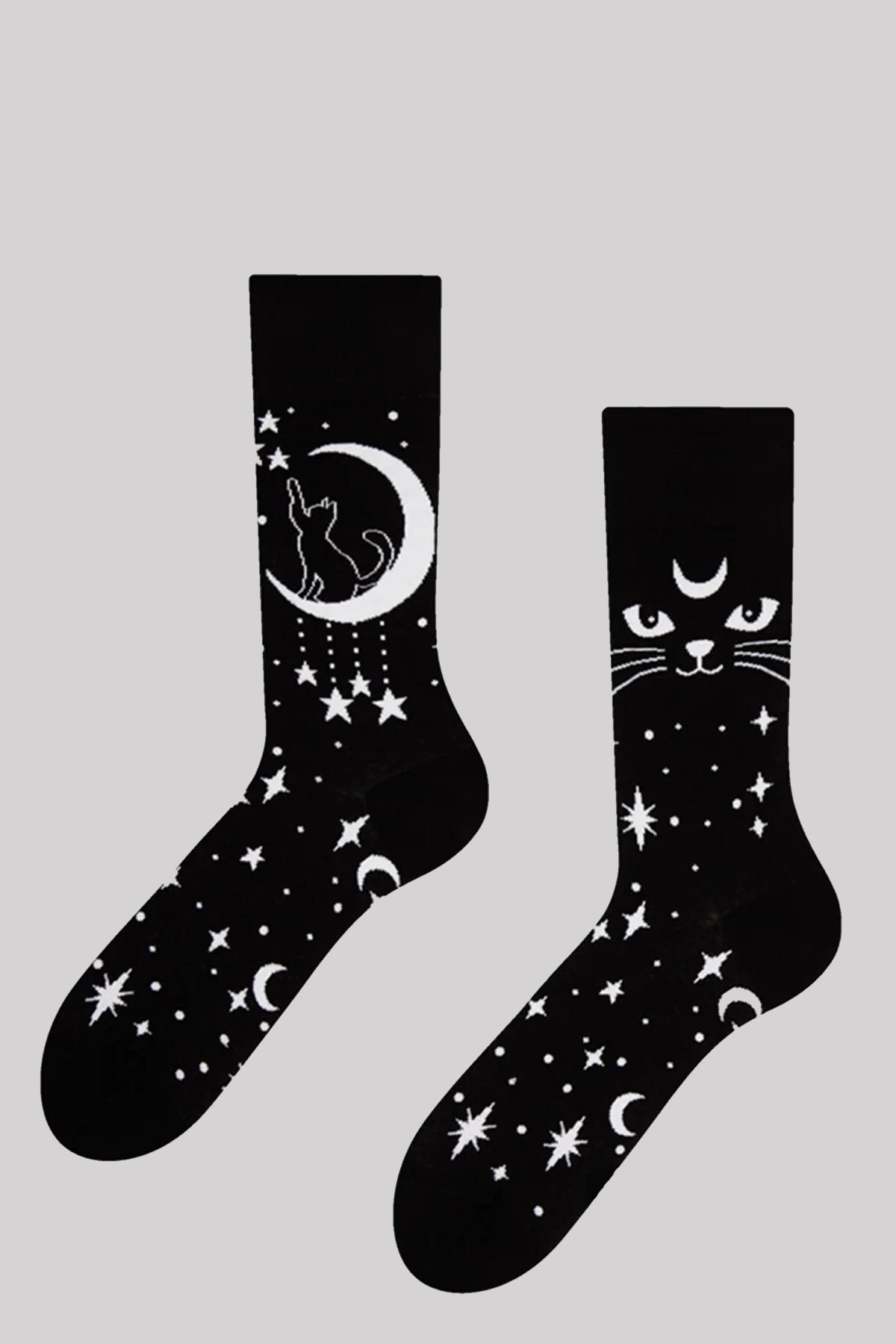 Ro Ro Cat Moon Celestial Black White Ribbed Crew Socks