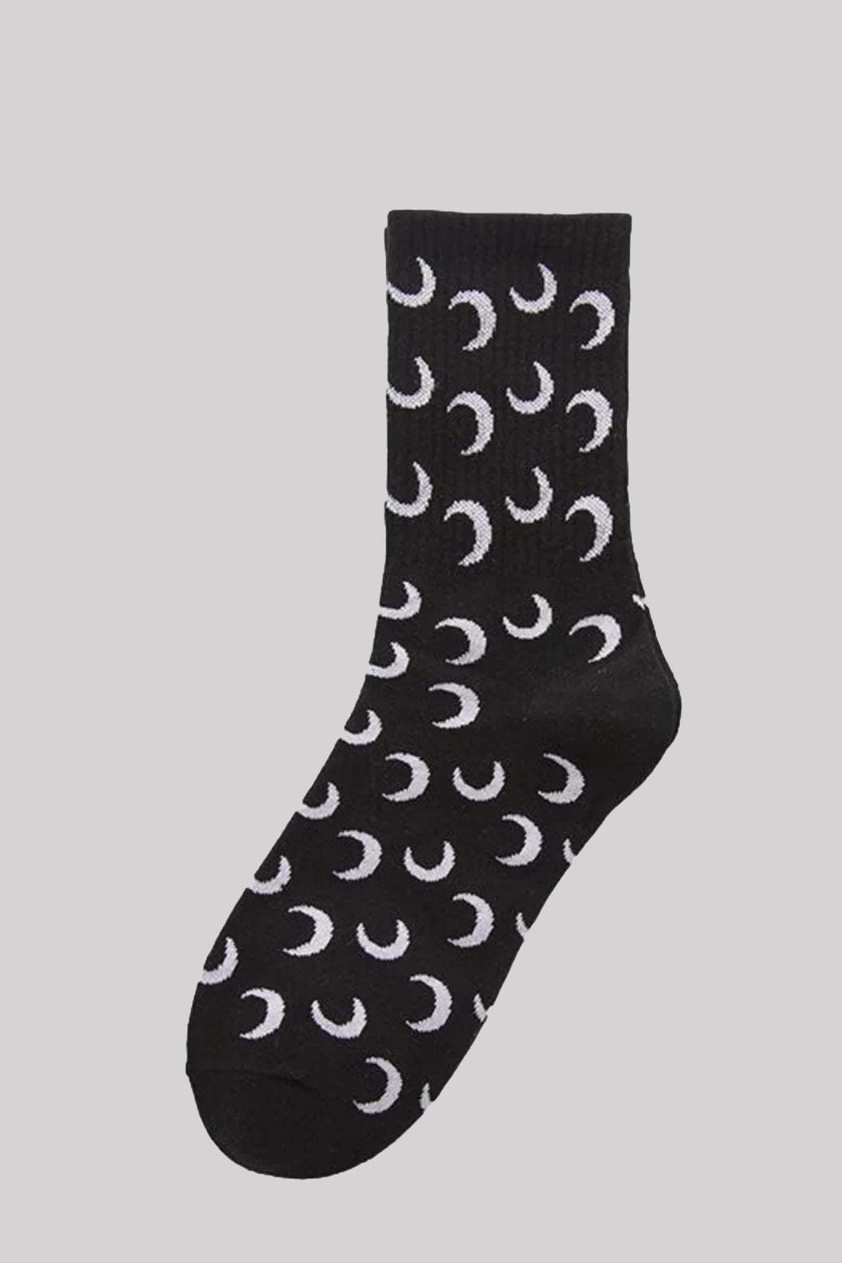 Ro Rox Crescent Moon Celestial Black White Ribbed Crew Socks