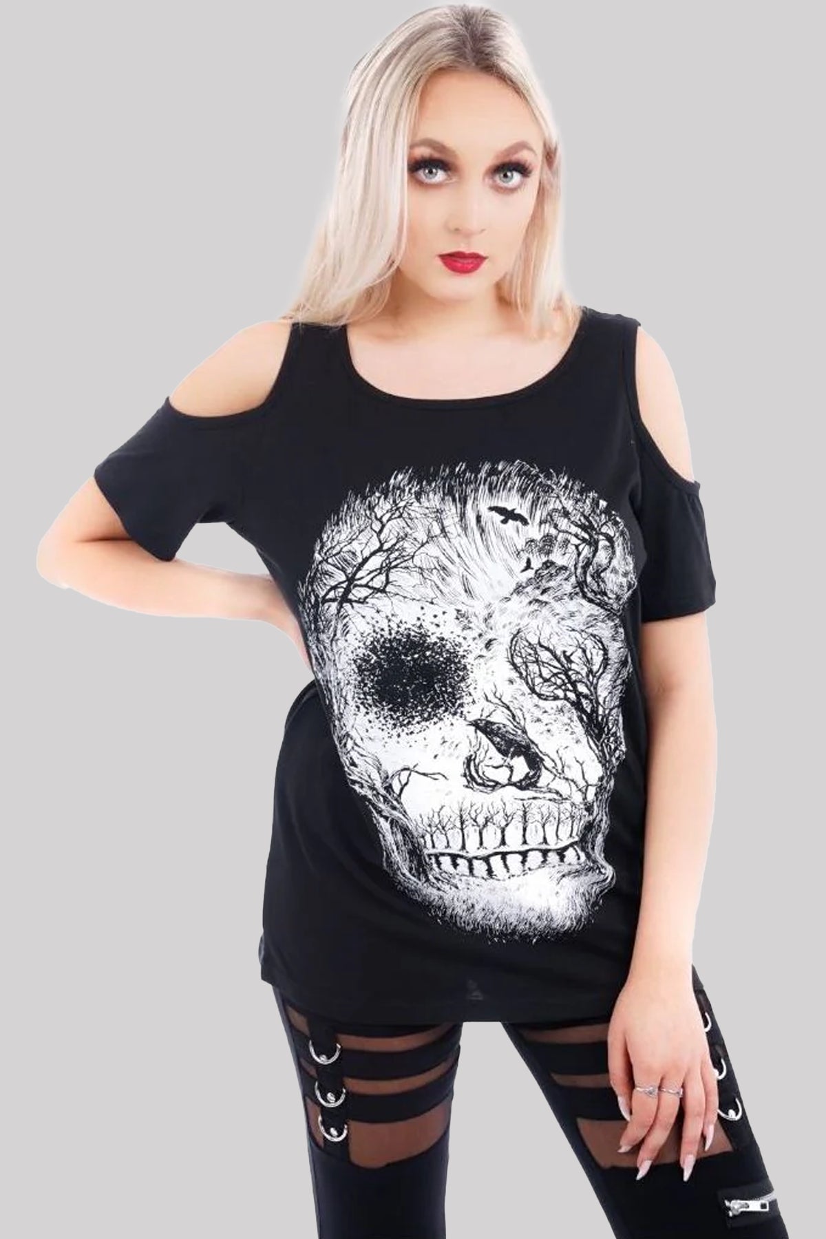 Ro Rox Gothic Large Night Skull Cold Shoulder Top