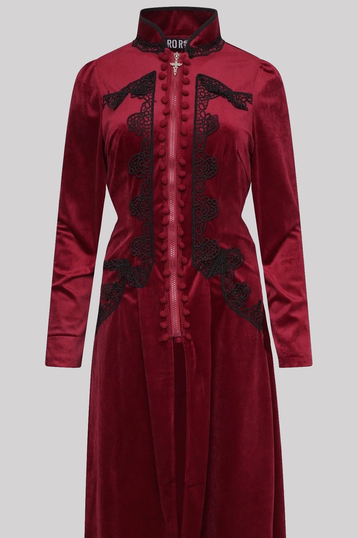Ro Rox Celeste High Collar Long Sleeve Gothic Velvet Coat, Burgundy