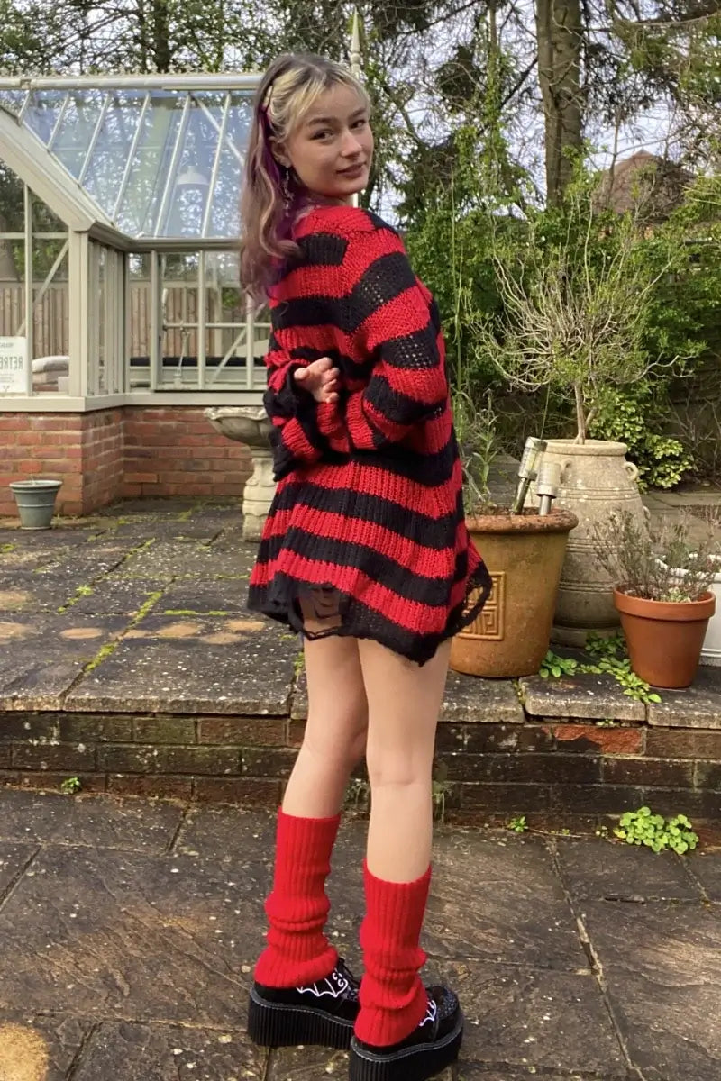 Ro Rox Ryot Oversized Stripe Grunge Distressed Jumper, Red