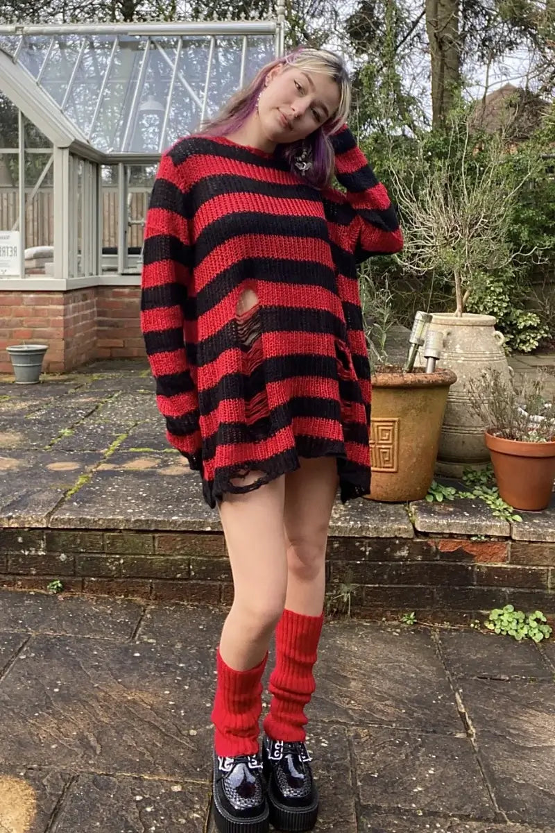 Ro Rox Ryot Oversized Stripe Grunge Distressed Jumper, Red