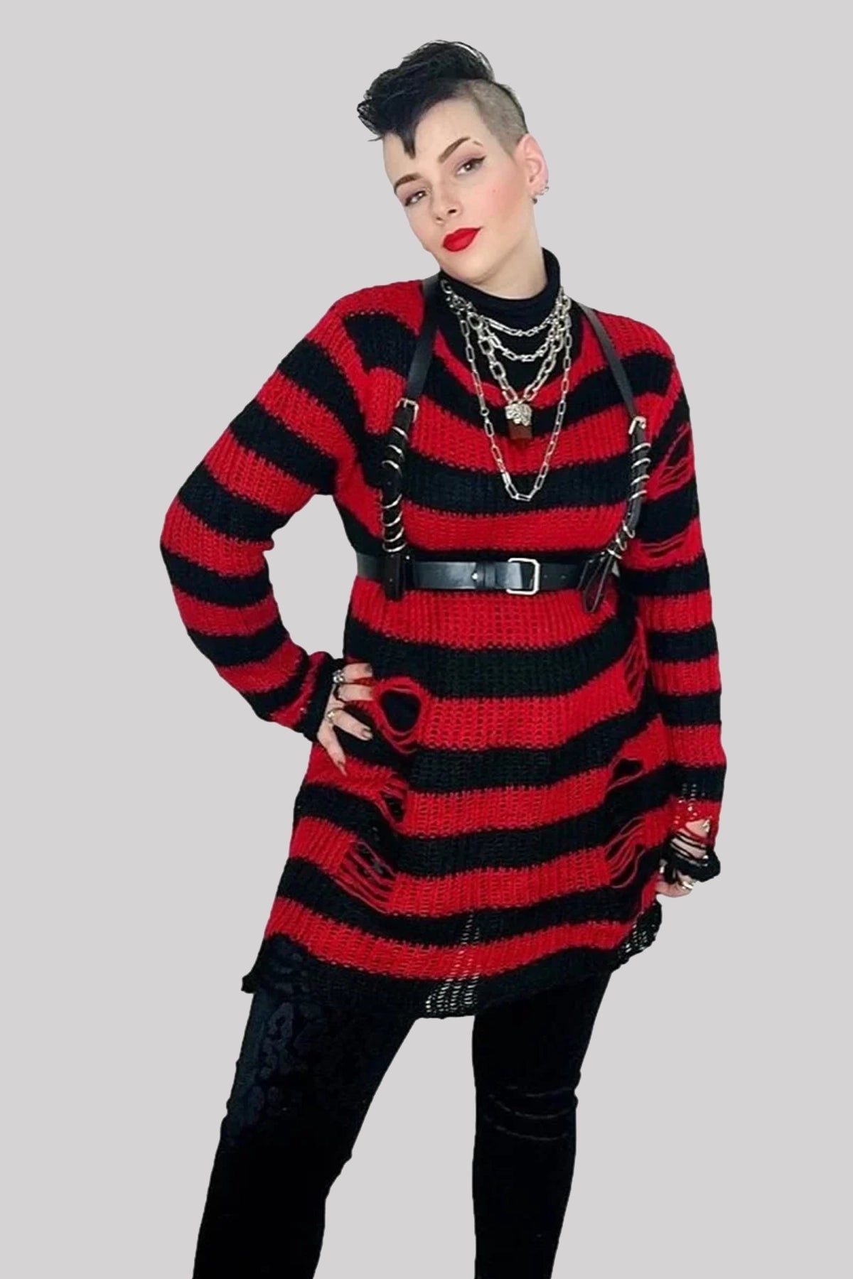 Ro Rox Ryot Oversized Stripe Grunge Distressed Jumper, Red | Ro Rox