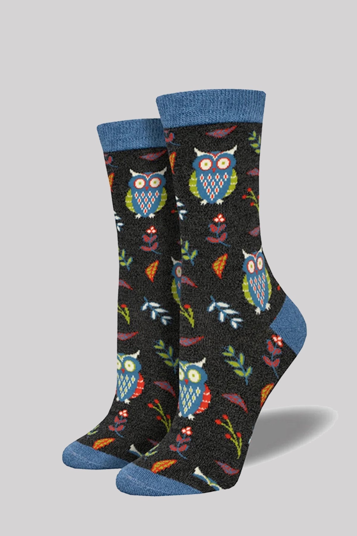 Ro Rox Nature Blue Owl leaf Cute Character Quirky Ankle Socks