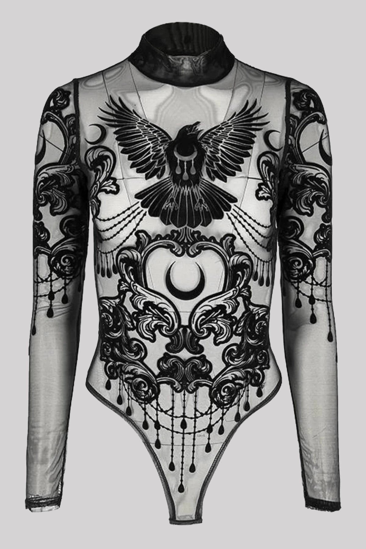 Restyle Gothic Raven Ornamental Mesh Velvet Bodysuit