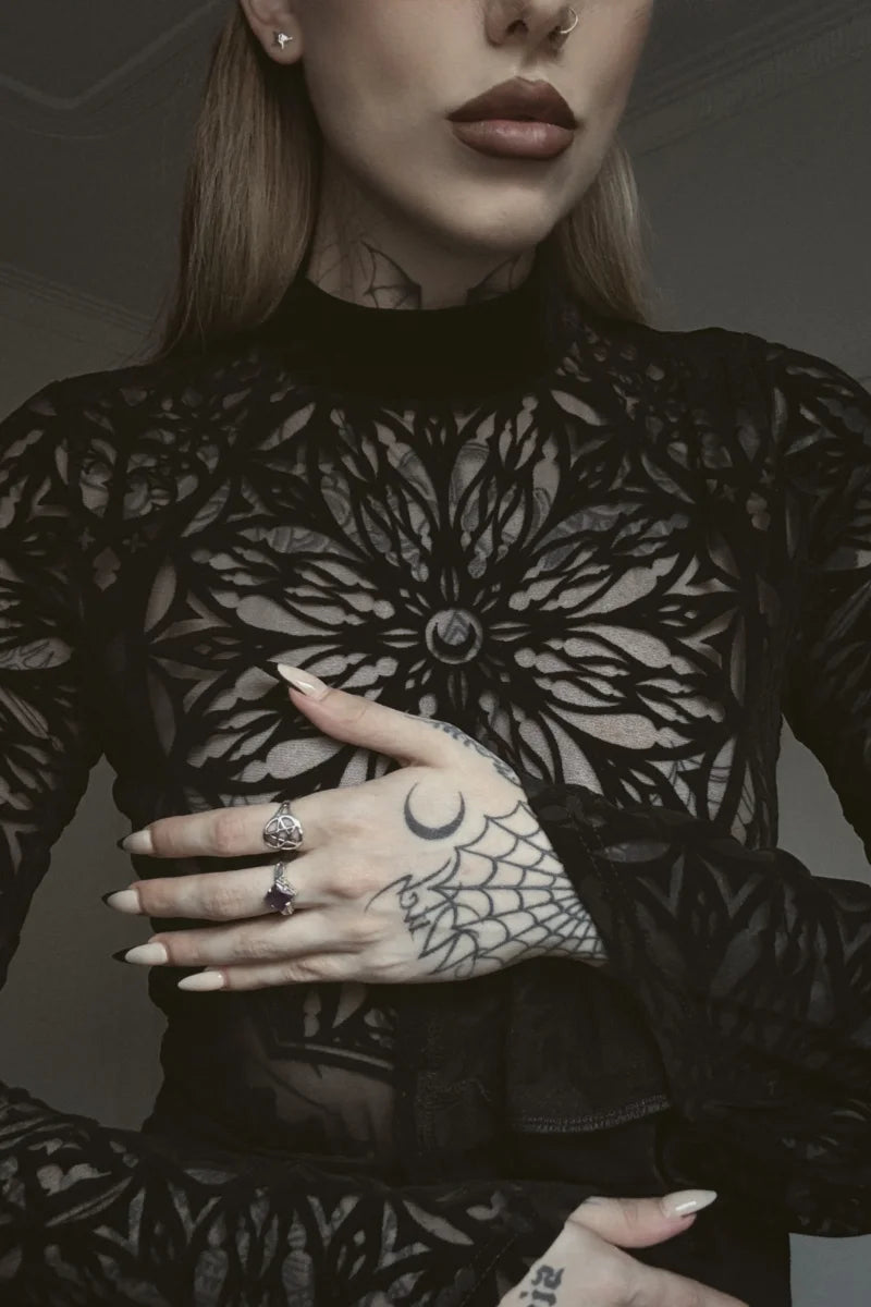Restyle Gothic Rosarium Cathedral Rose Mesh Velvet Bodysuit