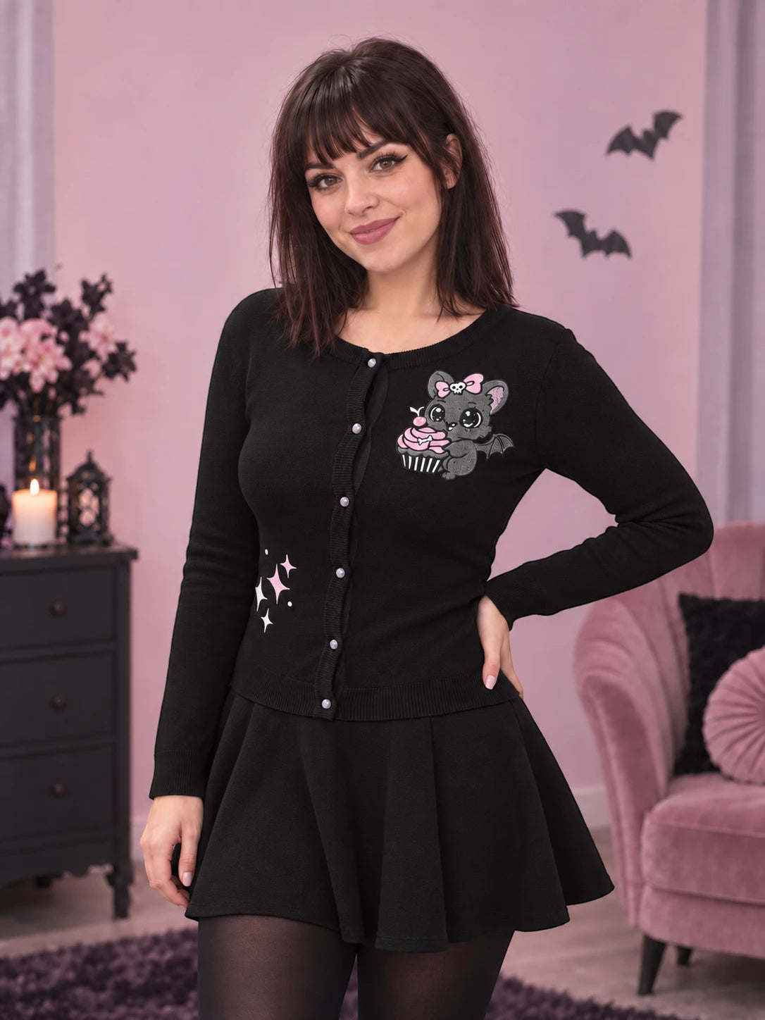 Ro Rox Bat Cupcake Cardigan Kawaii Pastel Style Goth Knitwear
