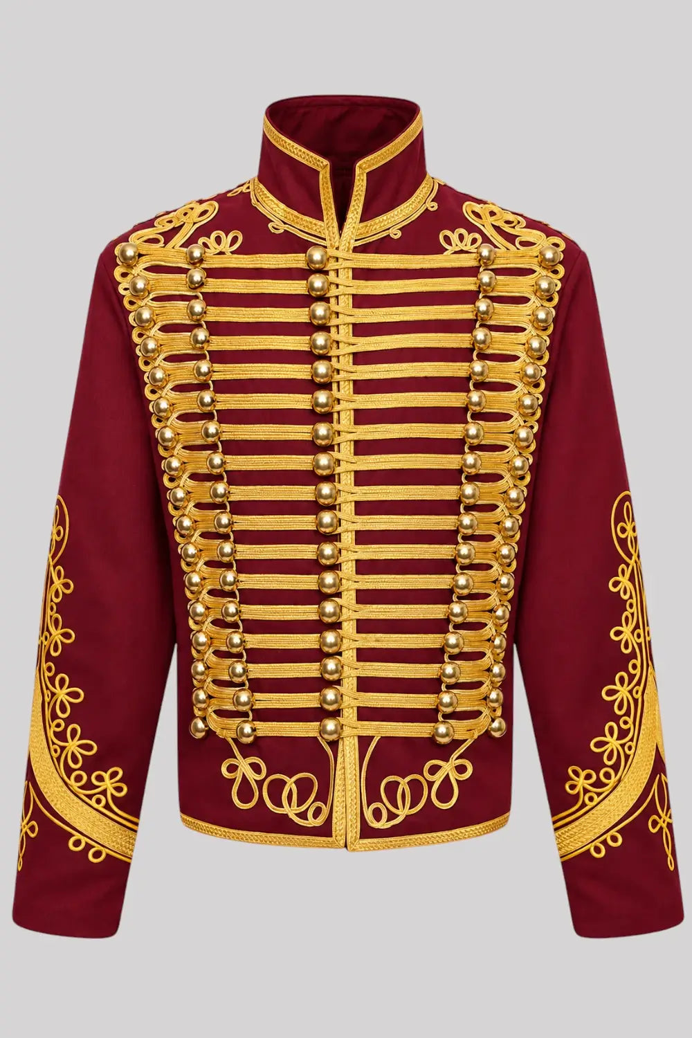 Ro Rox Men’s Adam Luxe Military Drummer Jacket – Burgundy Parade Hussar Style