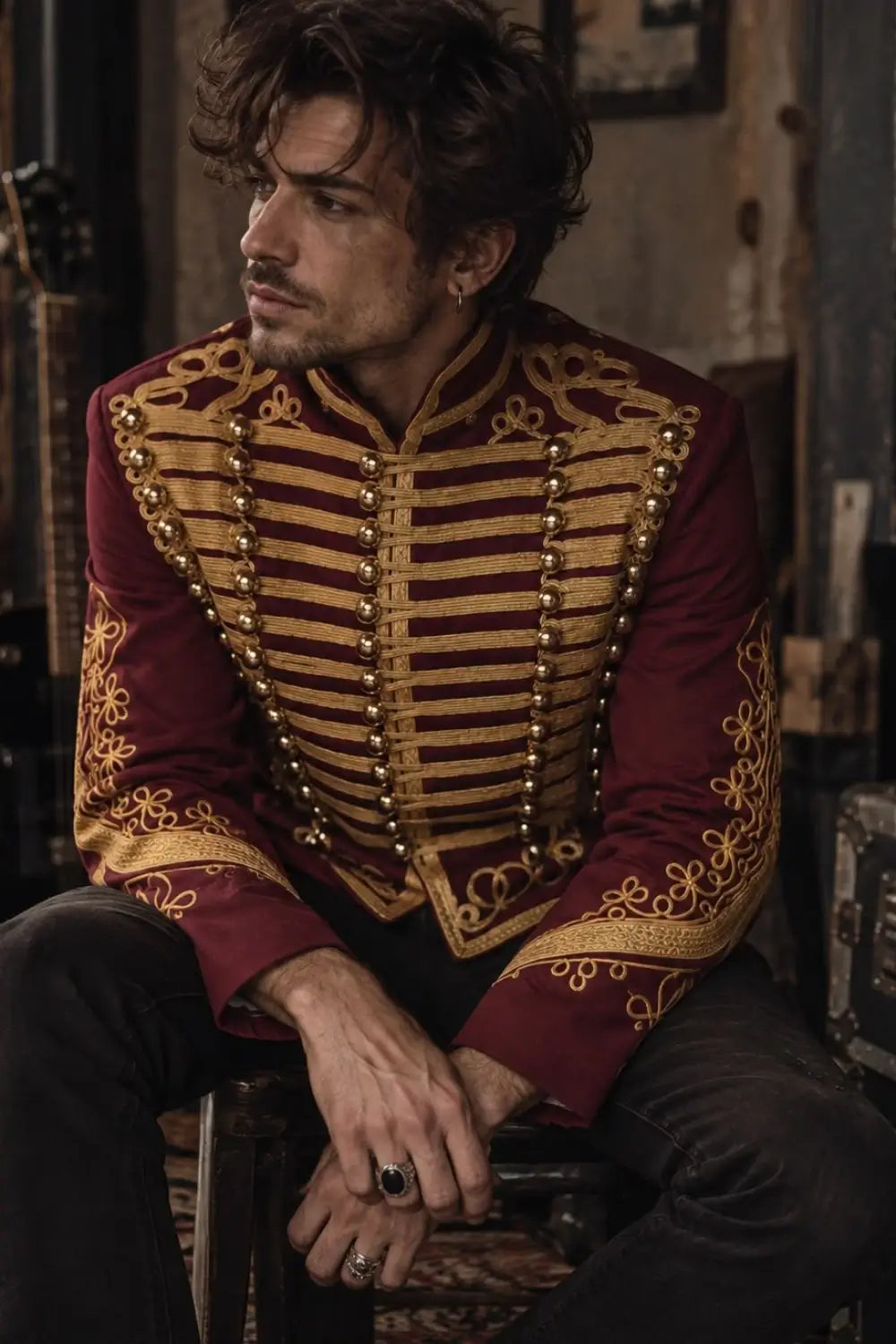Ro Rox Men’s Adam Luxe Military Drummer Jacket – Burgundy Parade Hussar Style