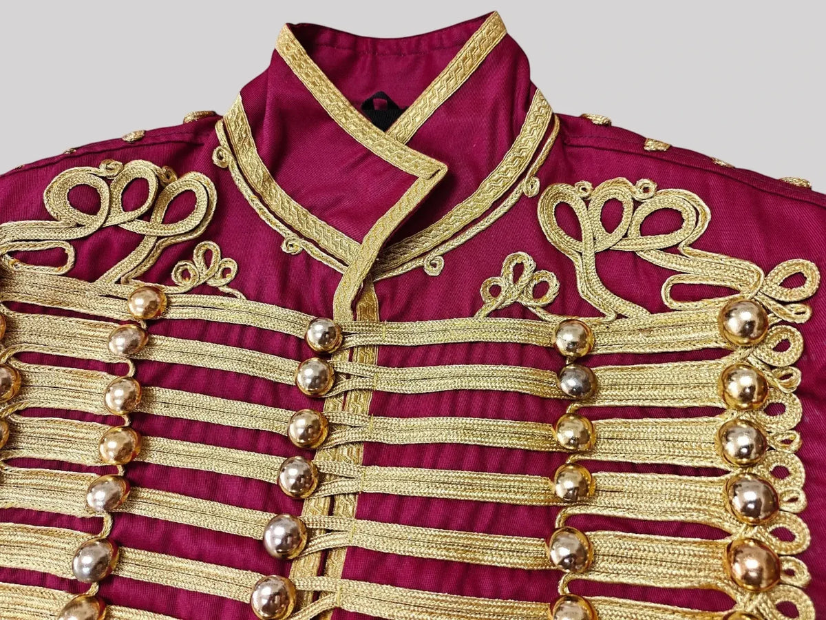 Ro Rox Men’s Adam Luxe Military Drummer Jacket – Burgundy Parade Hussar Style