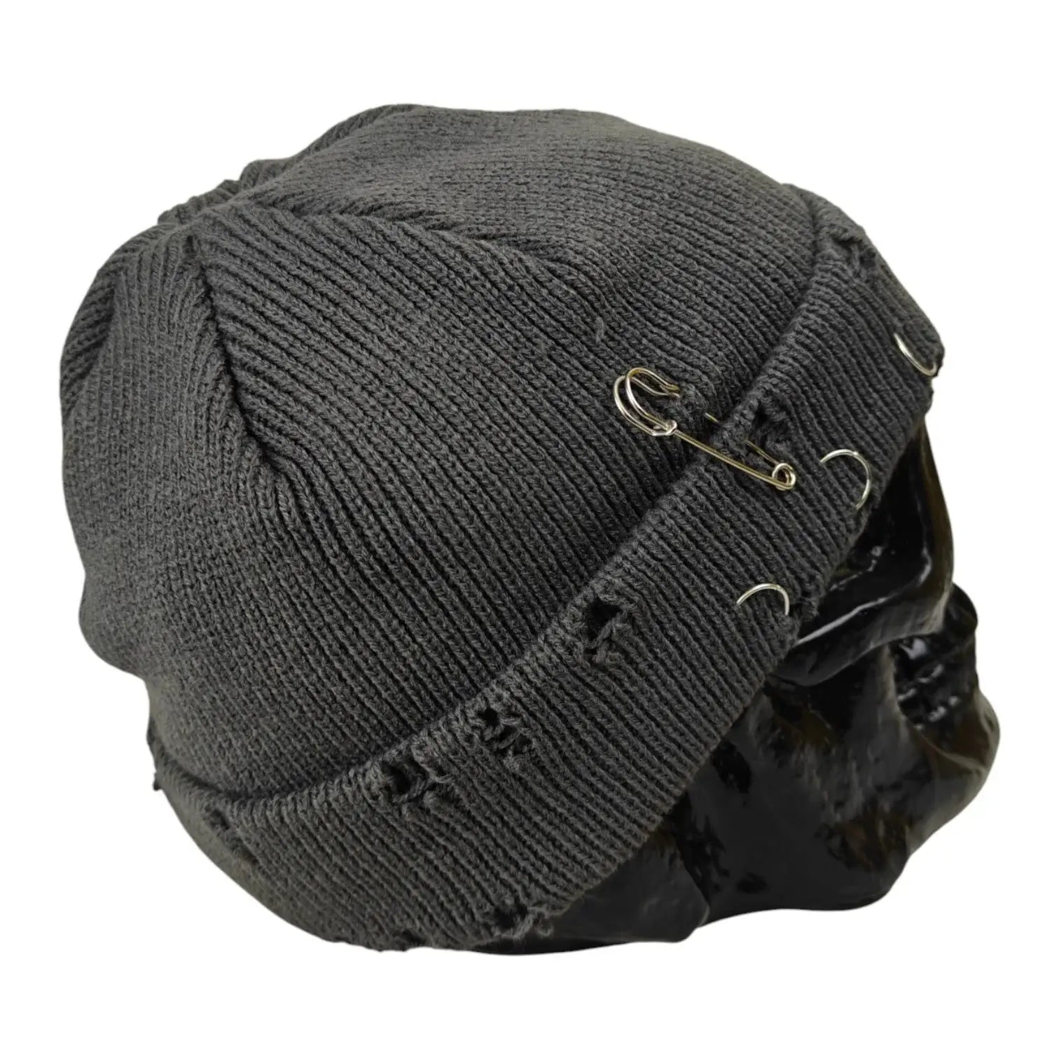 Grey Distressed Fisherman Beanie with Piercings and Safe Pin