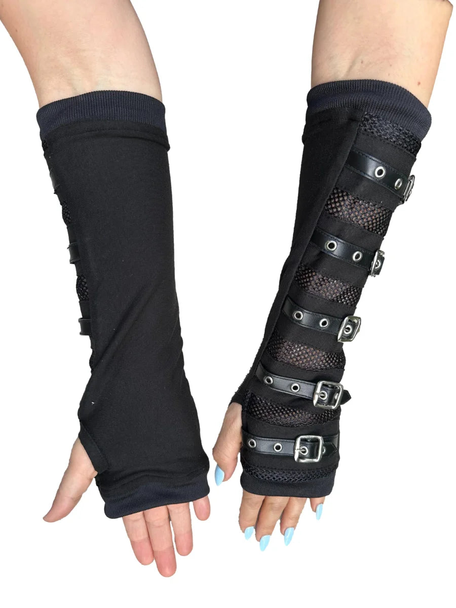 Ro Rox Gothic Punk Fingerless Mesh Buckle Long Arm Warmers