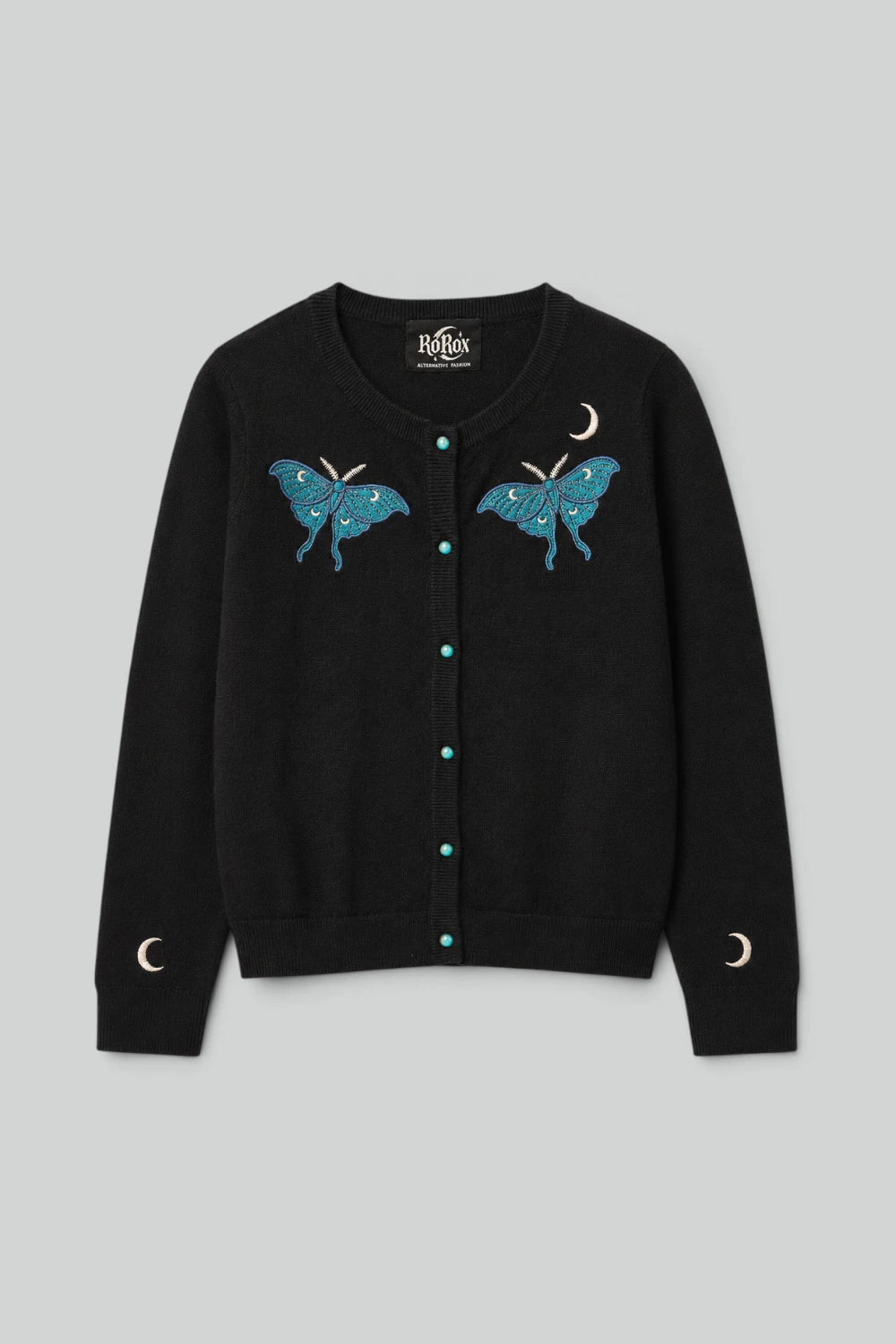 Ro Rox Black Moth Embroidered Knit Cardigan with Moon Detail