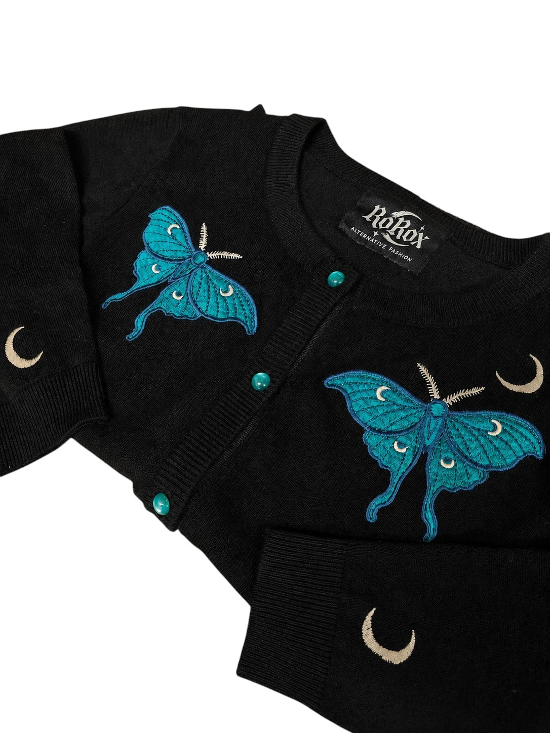 Ro Rox Black Moth Embroidered Knit Cardigan with Moon Detail