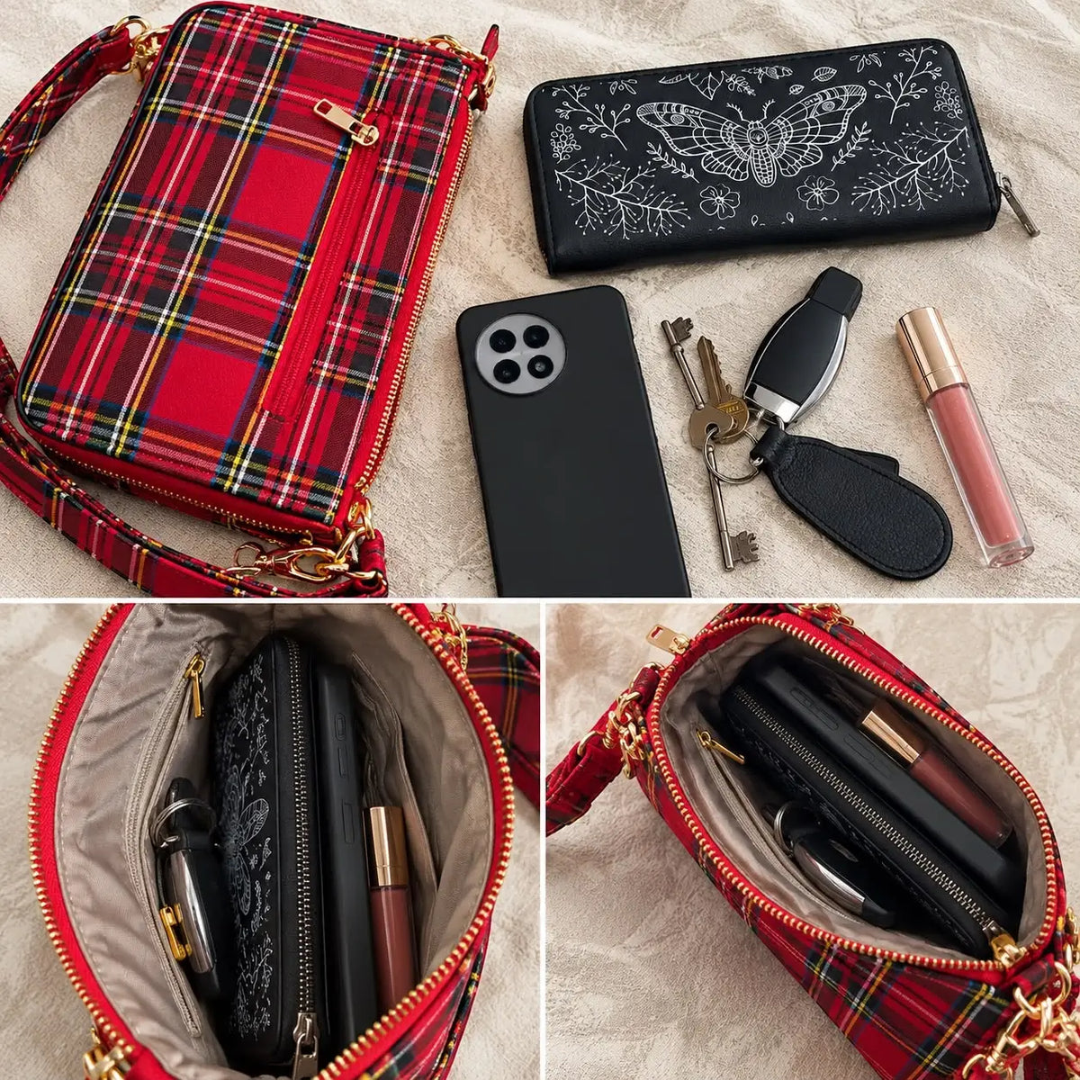 Ro Rox Sheena Red Tartan Check Punk Grunge 90s Crossbody Bag