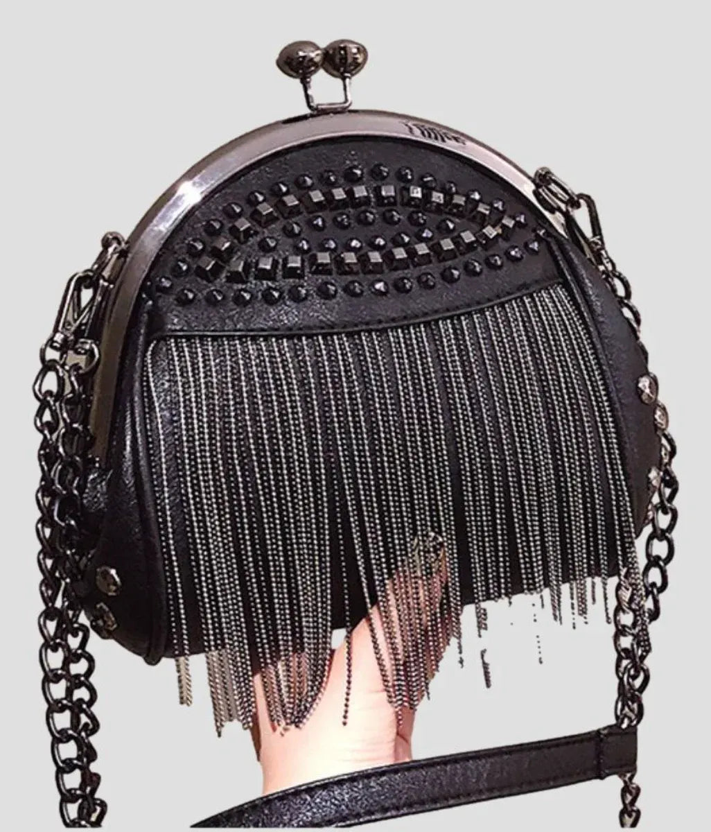 Ro Rox Tassel Shell Bag with Studs & Chain Strap - Gothic