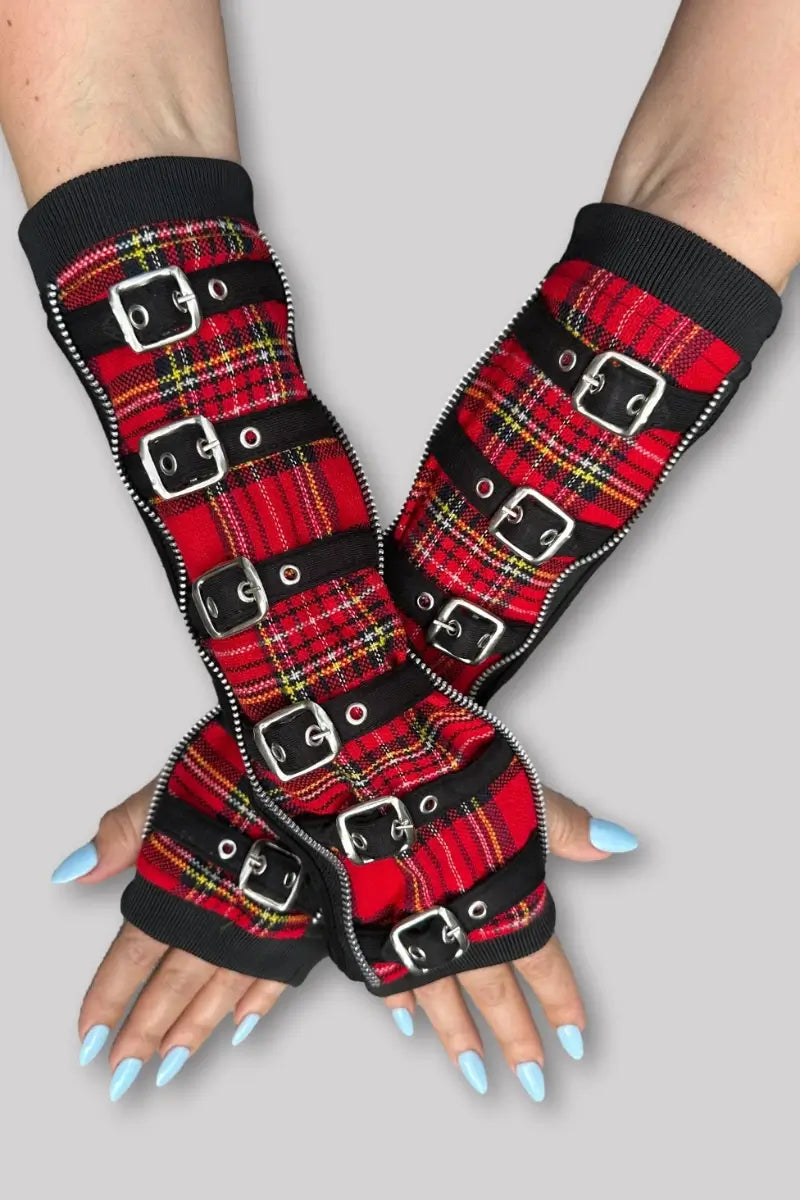 Ro Rox Gothic Punk Fingerless Tartan Buckle Long Arm Warmers Ro Rox