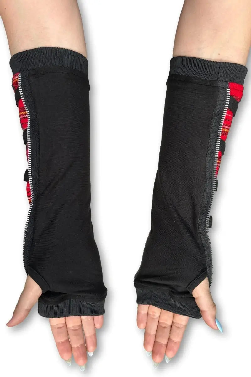 Ro Rox Gothic Punk Fingerless Tartan Buckle Long Arm Warmers