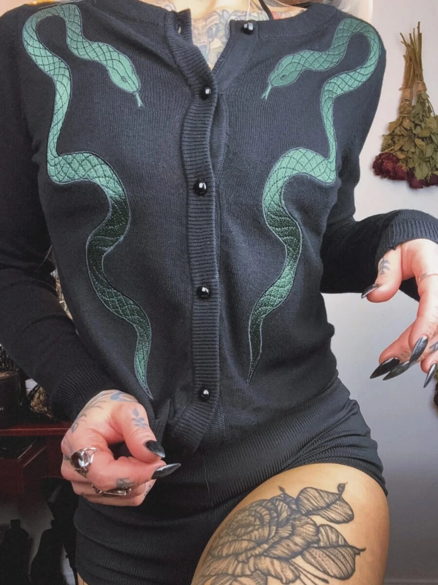 Ro Rox Gothic Snake Cardigan – Black Embroidered Knit