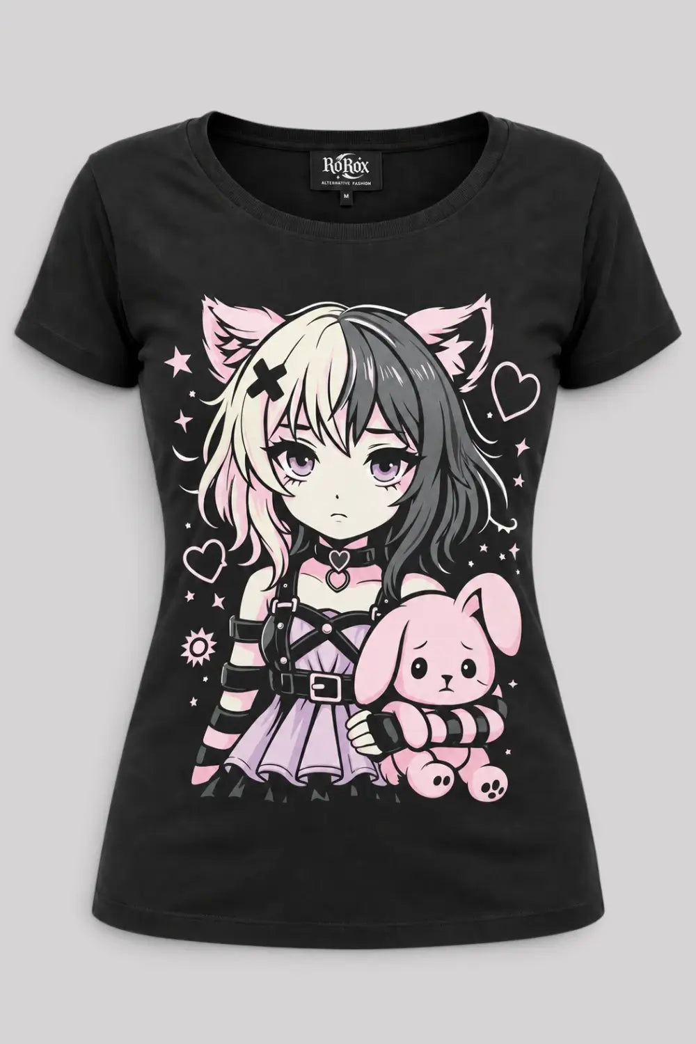 Ro Rox Gothic T-Shirt Kawaii Cat Girl & Bunny Graphic Anime