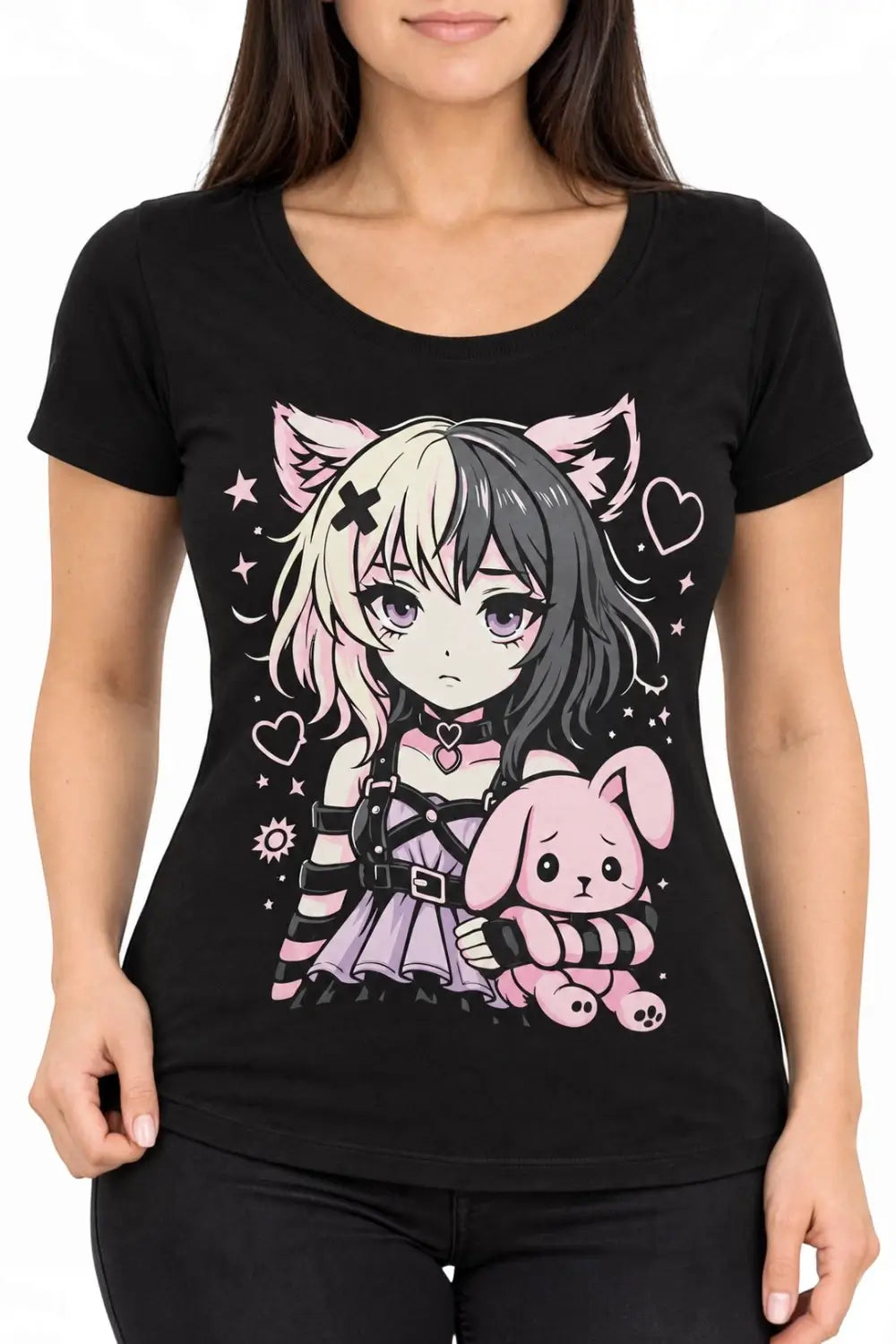 Ro Rox Gothic T-Shirt Kawaii Cat Girl & Bunny Graphic Anime