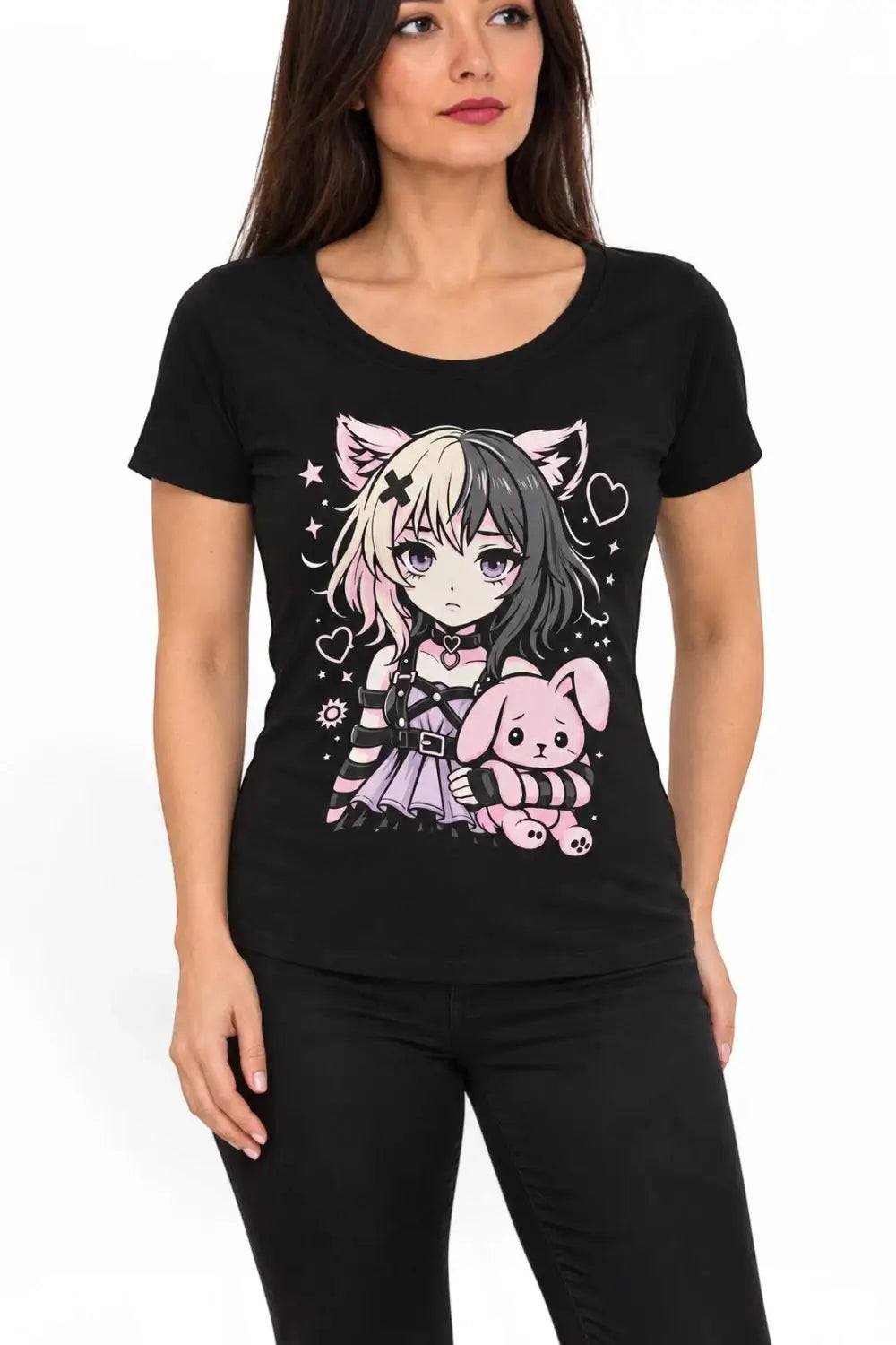 Ro Rox Gothic T-Shirt Kawaii Cat Girl & Bunny Graphic Anime