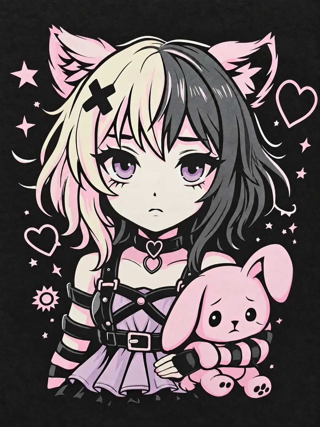 Ro Rox Gothic T-Shirt Kawaii Cat Girl & Bunny Graphic Anime