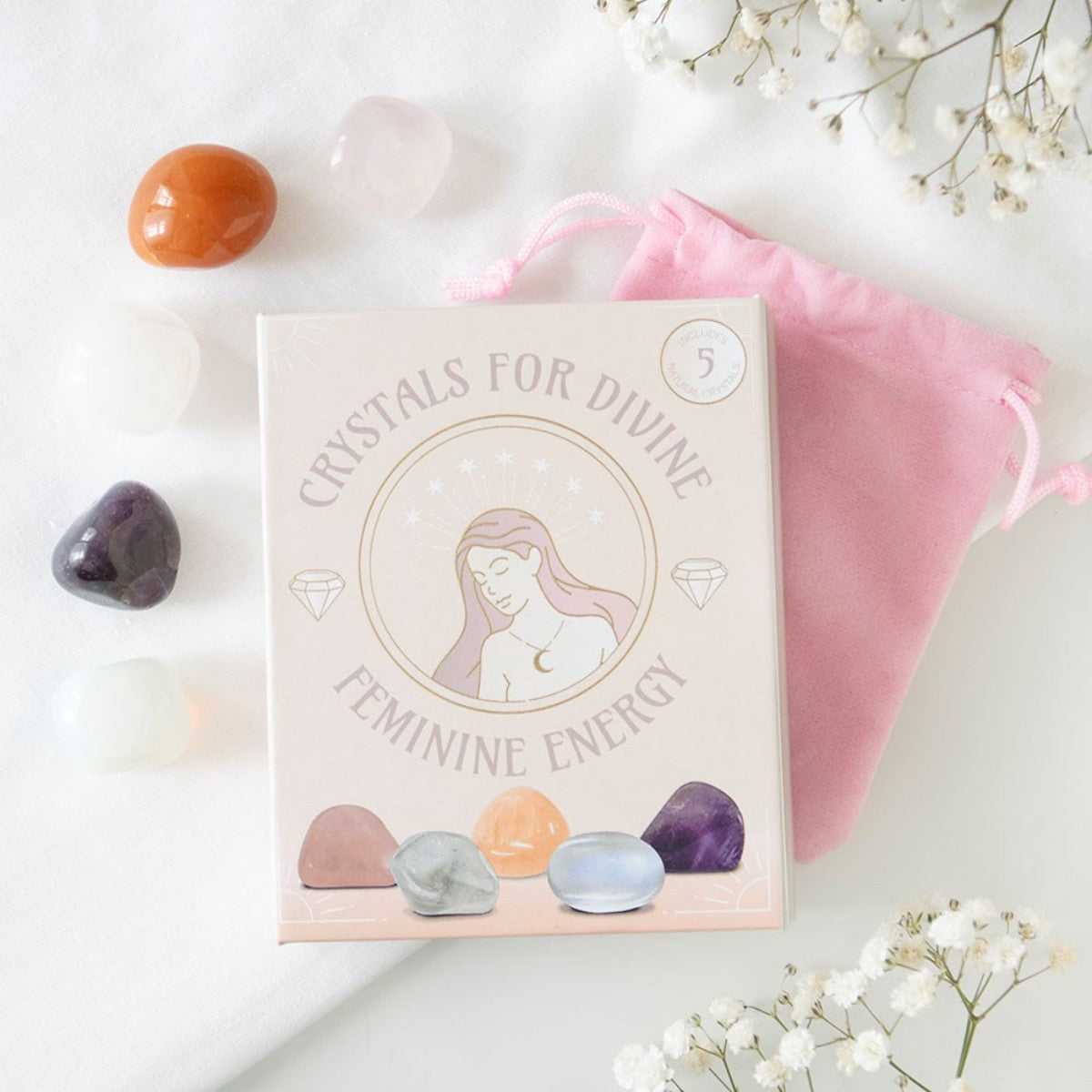 Set of 5 Crystals for Divine Feminine Energy with Gift Pouch