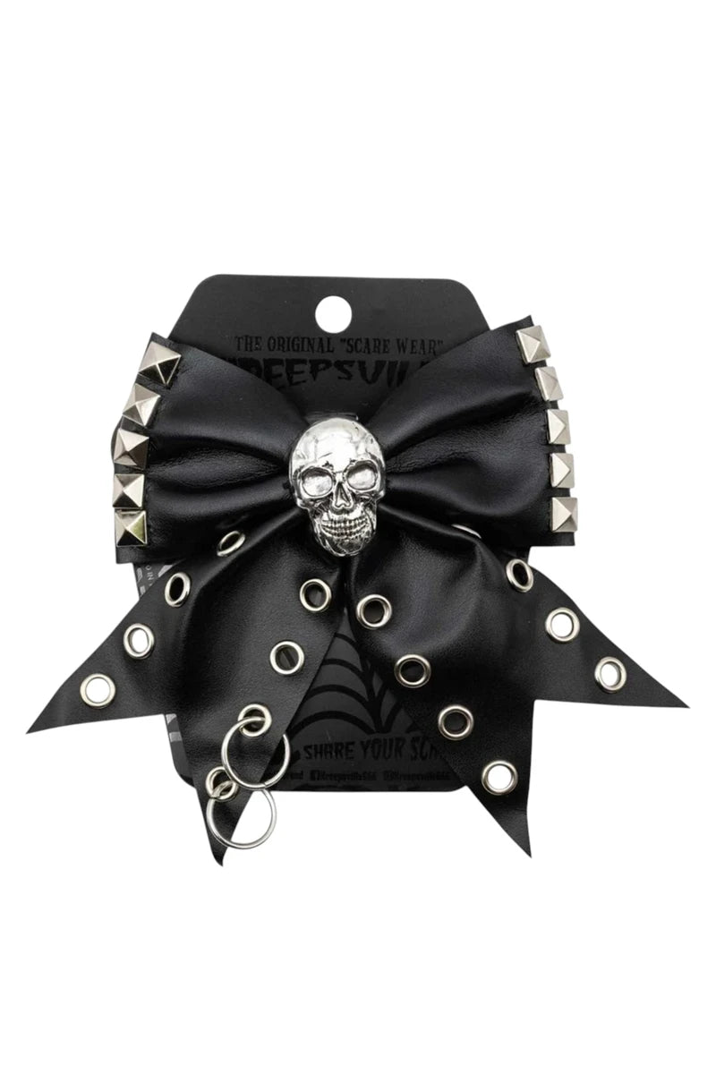 Kreepsville 666 Hair Bow Skull Punk Stud Vegan Leather Clip