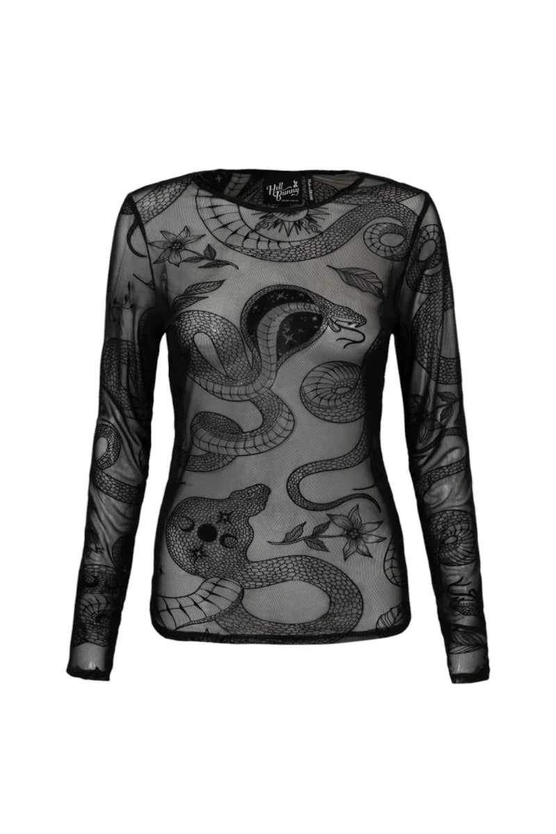 Hell Bunny Snake Charmer Top Gothic Mesh Snake Print Blouse